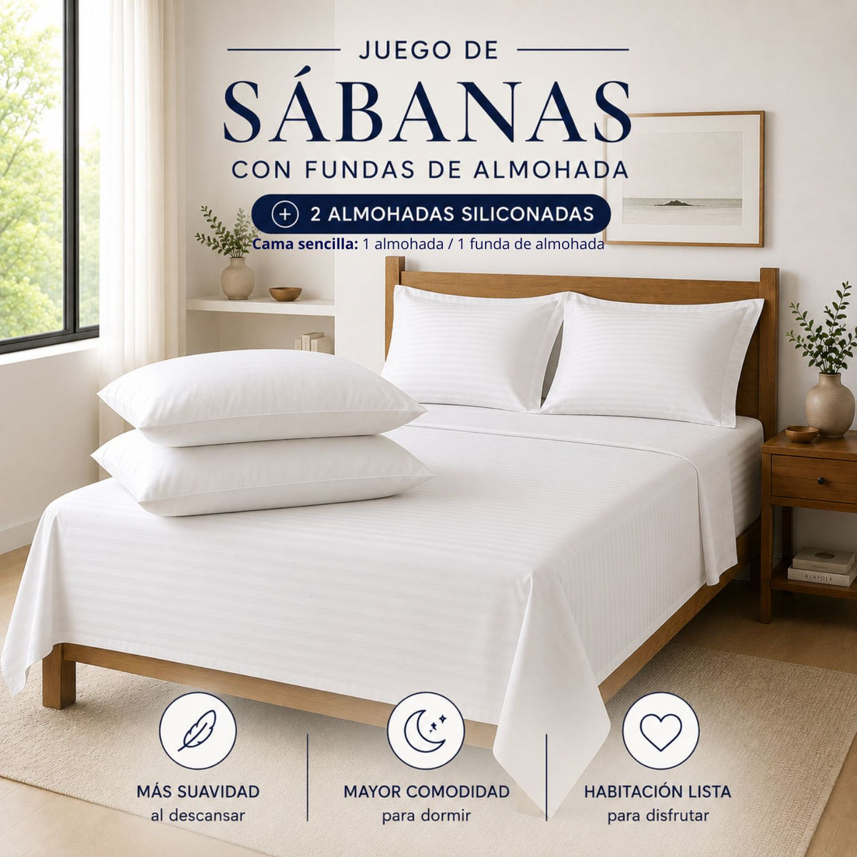 Combo Protector Colchon + 2 Almohadas Siliconadas Semidoble