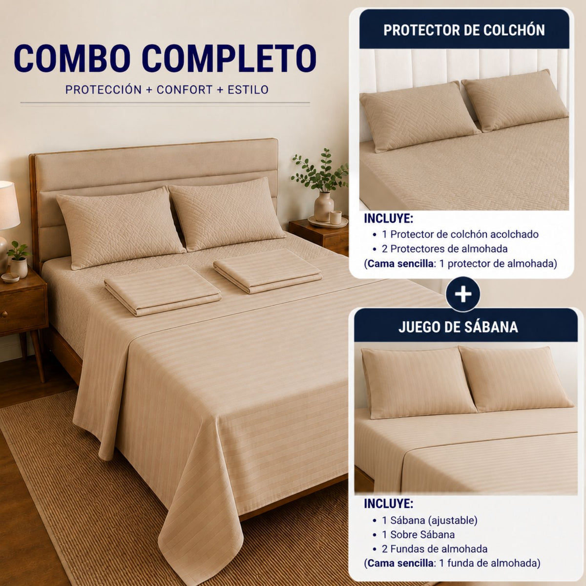 Combo Protector Colchon + Juego De Sabanas Sencilla