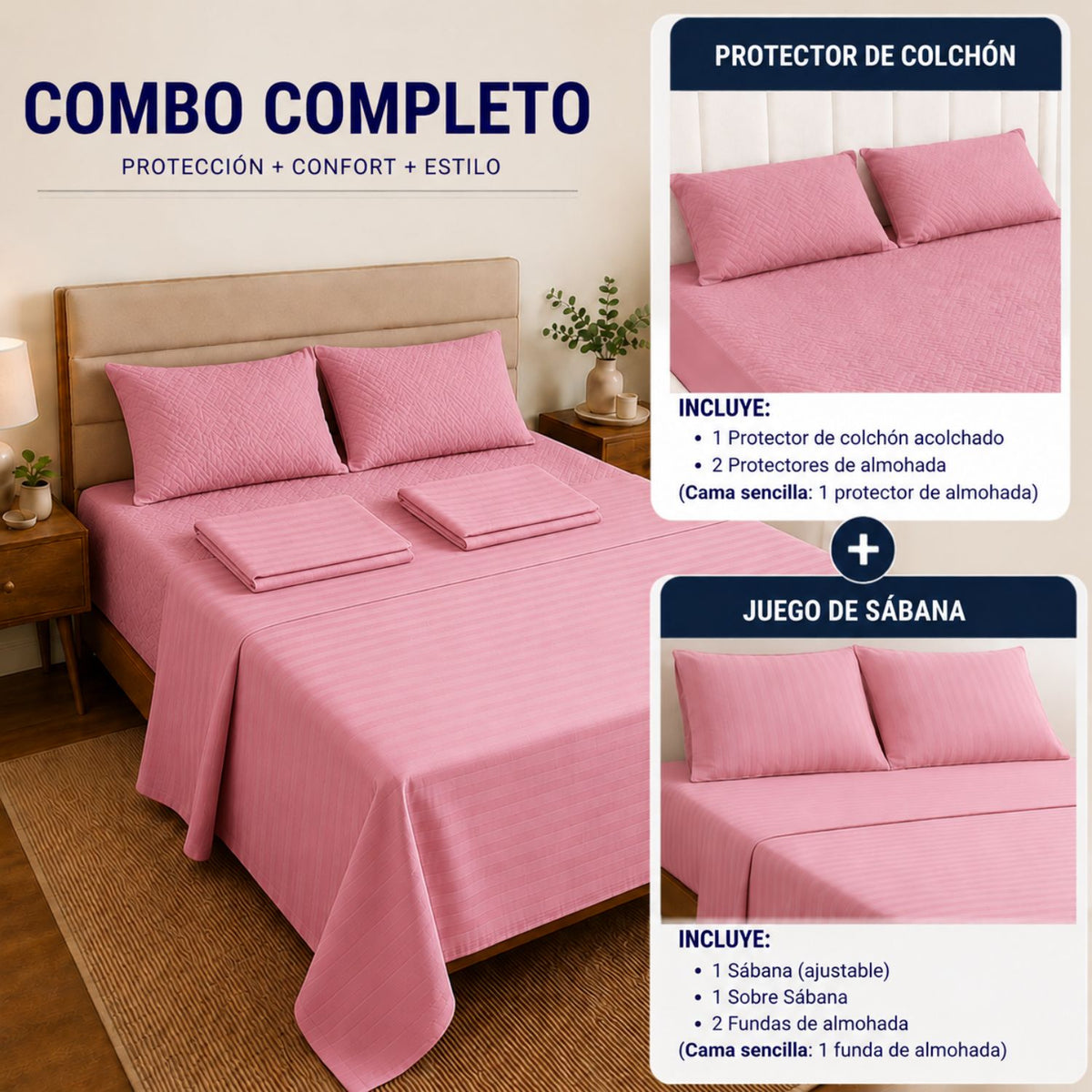 Combo Protector Colchon + Juego De Sabanas Sencilla