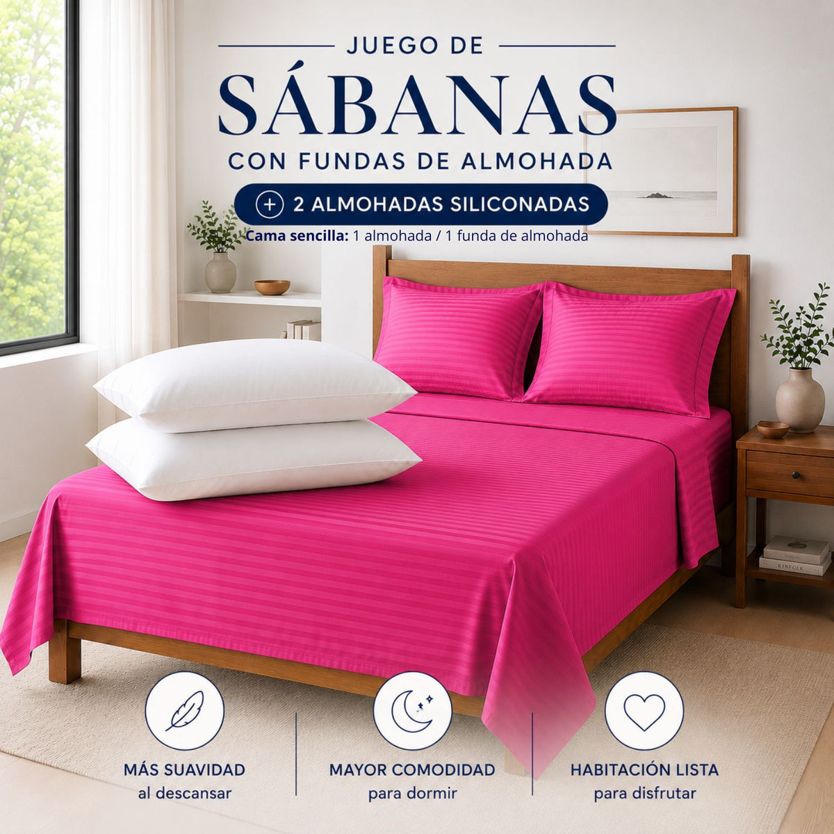 Combo Juego De Sabanas + 2 Almohadas Siliconadas Queen