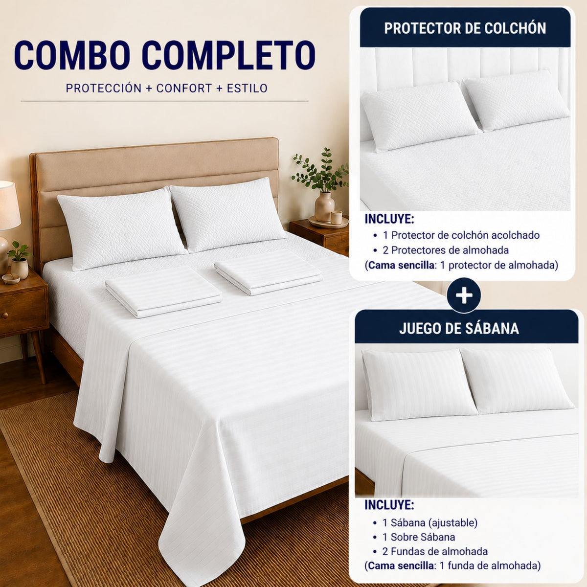 Combo Protector Colchon + Juego De Sabanas Doble