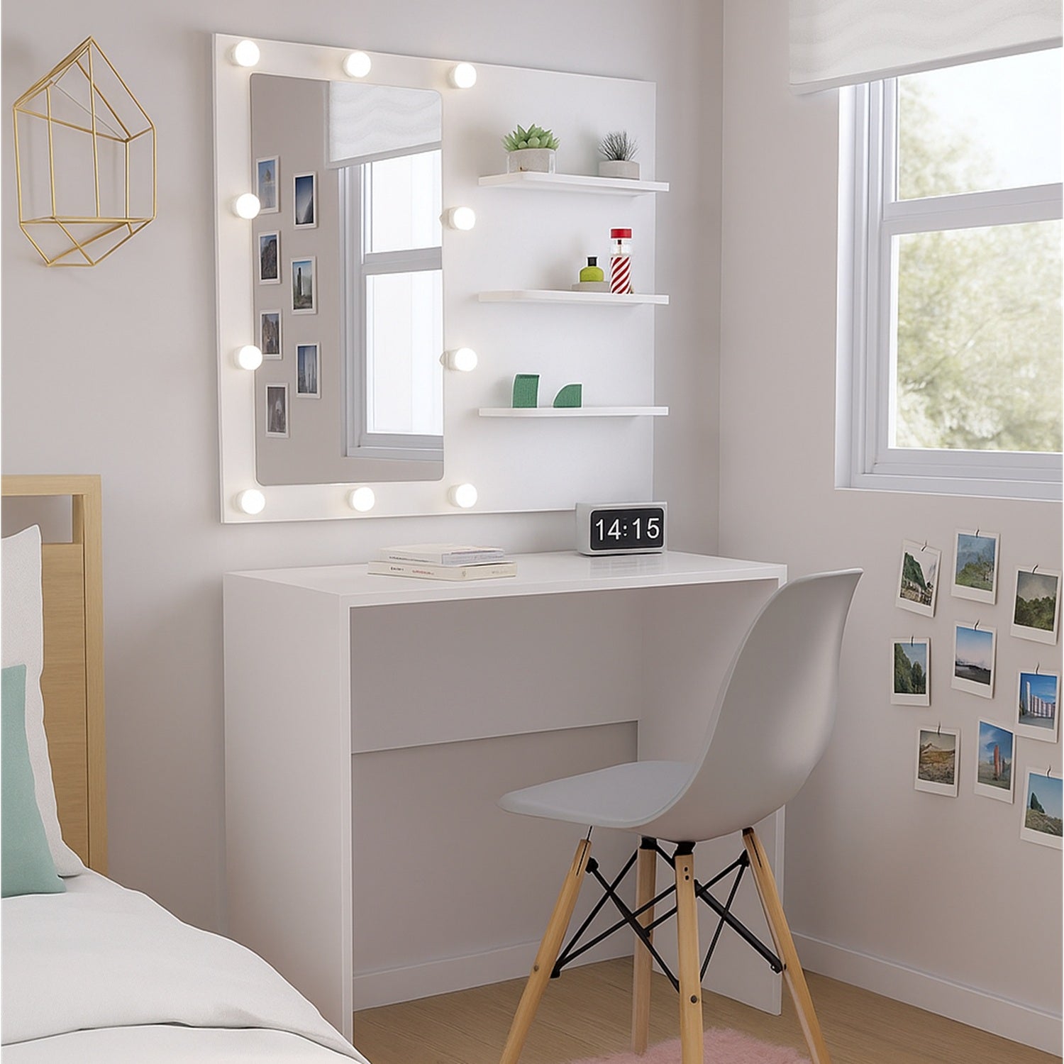 Combo Escritorio Panel Tocador Tomy Holywood+Silla Eames  (77x80x40) Blanco