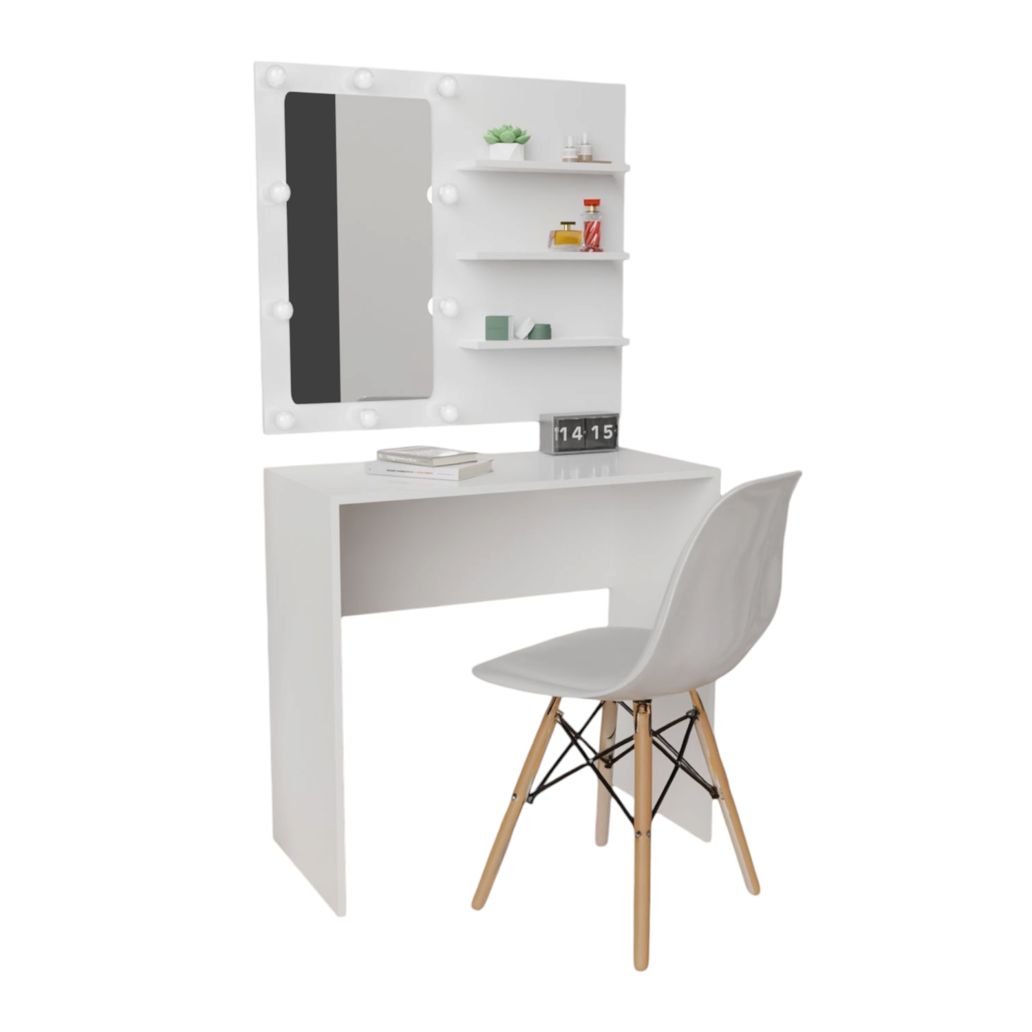 Combo Escritorio Panel Tocador Tomy Holywood+Silla Eames  (77x80x40) Blanco