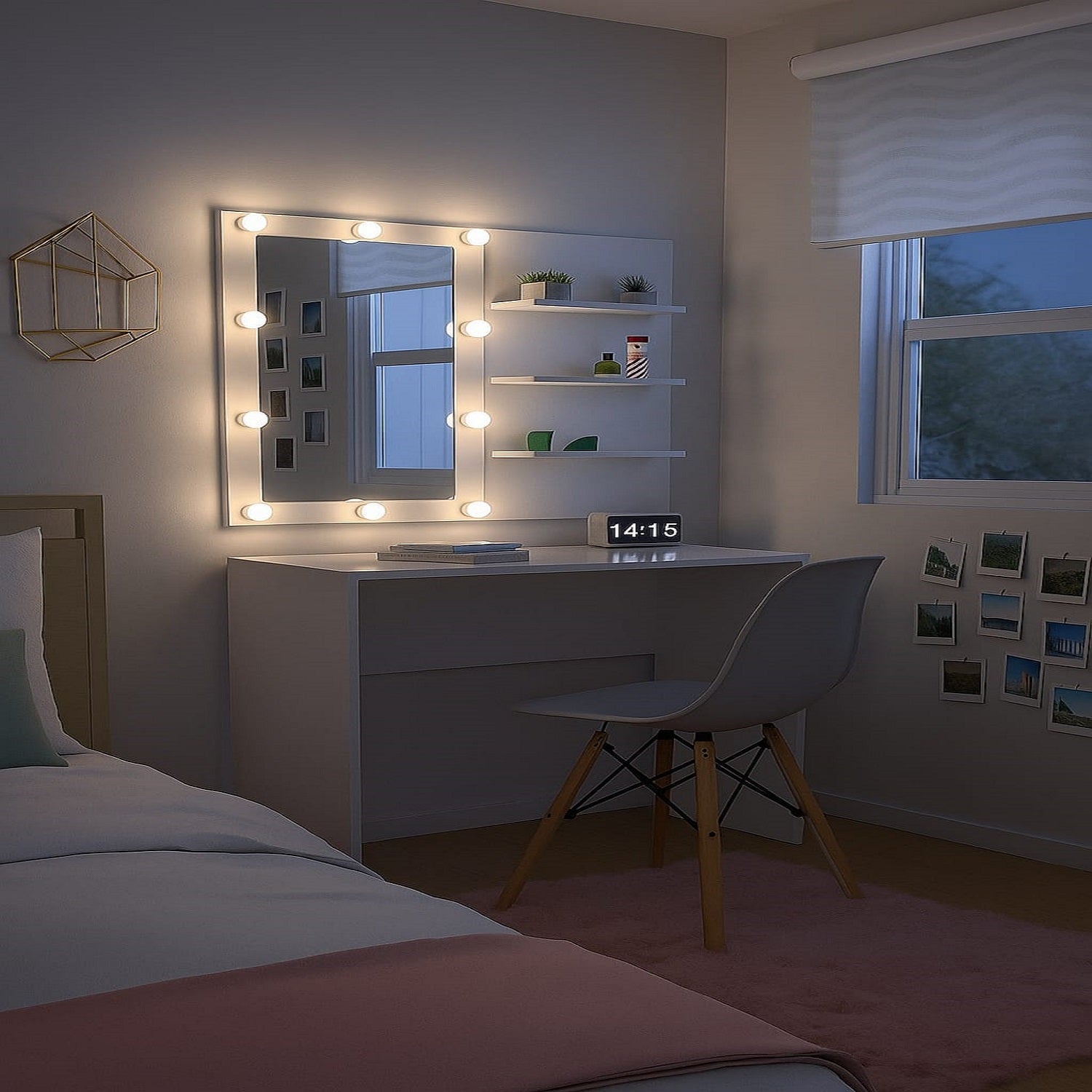 Combo Escritorio Panel Tocador Tomy Holywood+Silla Eames  (77x80x40) Blanco