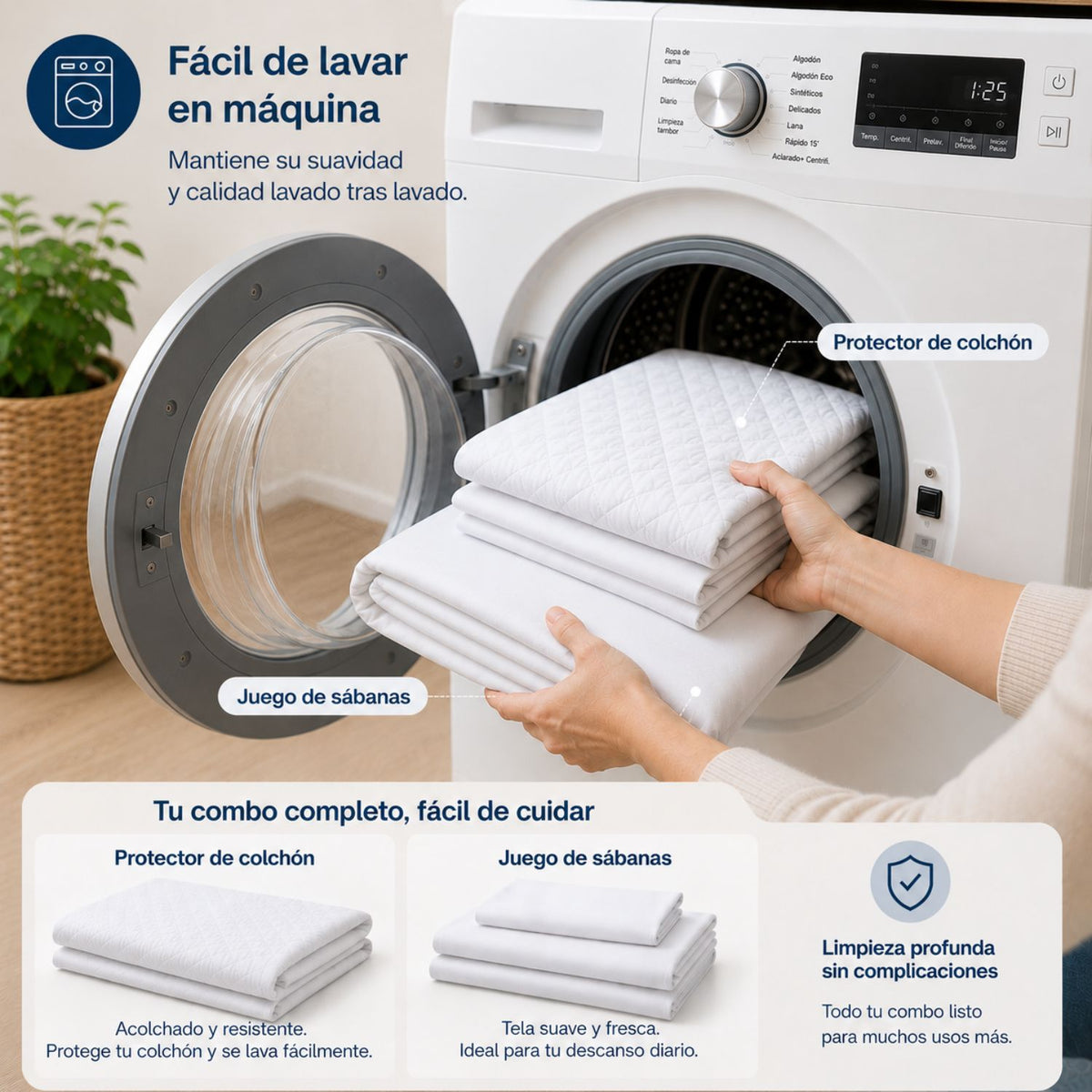 Combo Protector Colchon + Juego De Sabanas Doble
