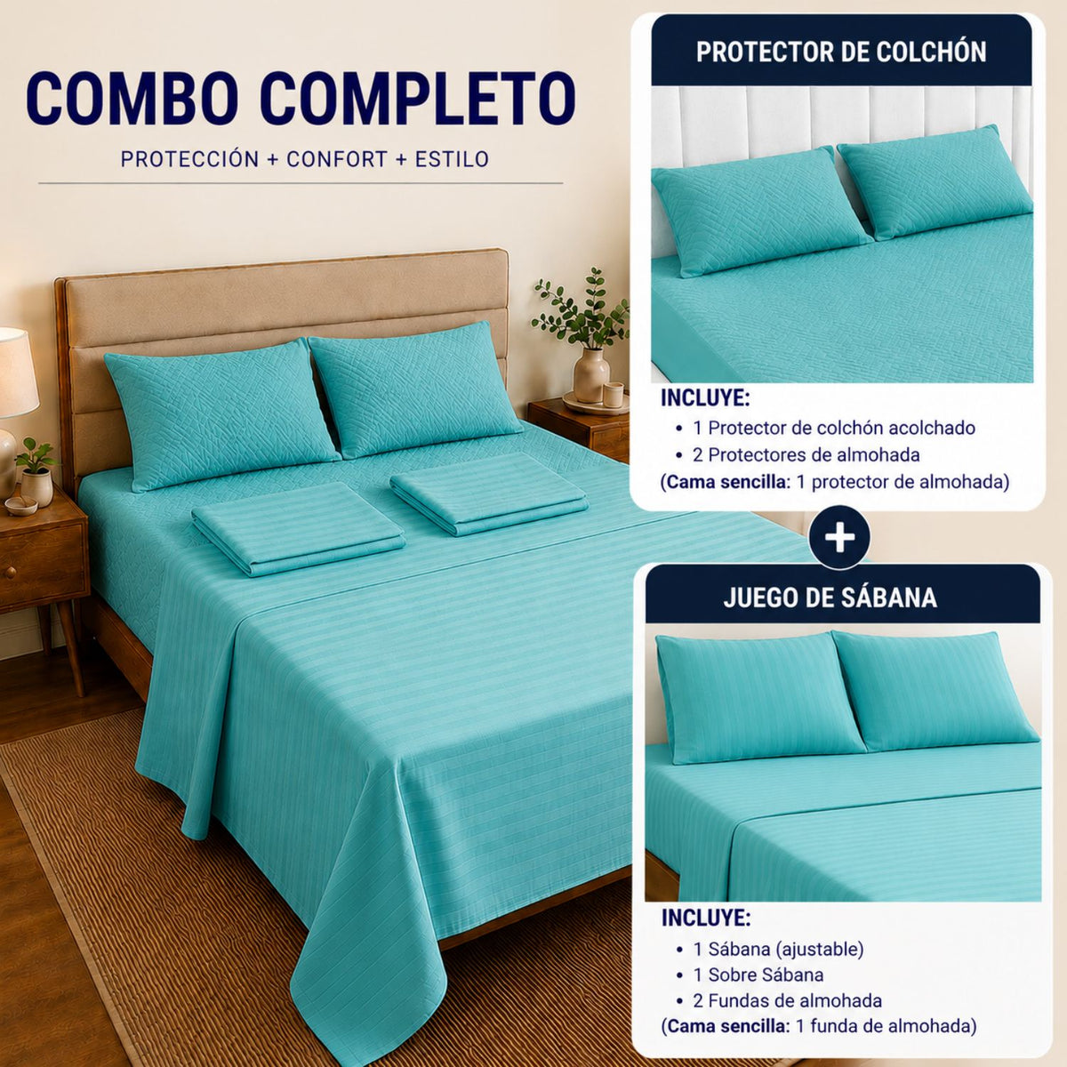 Combo Protector Colchon + Juego De Sabanas Doble