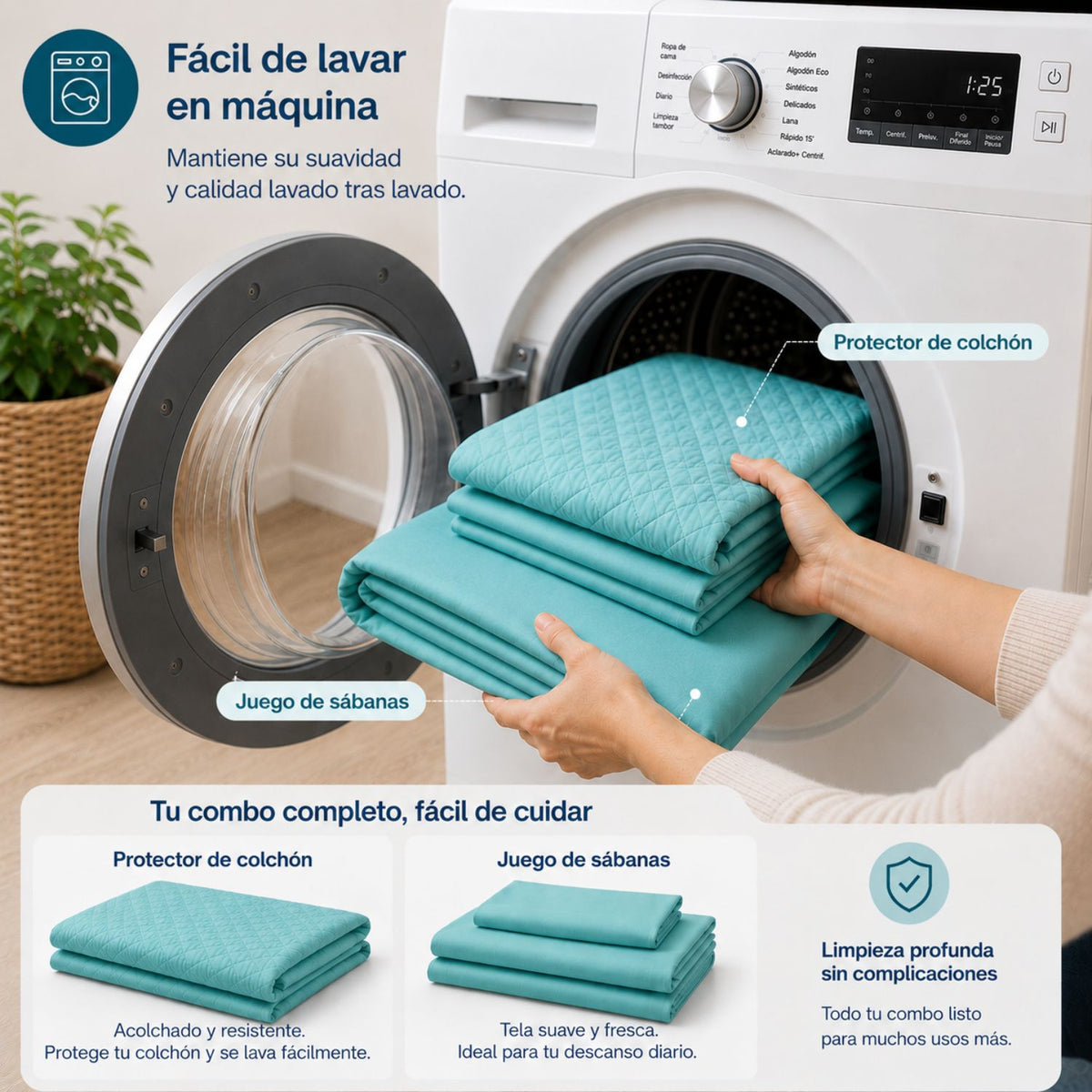 Combo Protector Colchon + Juego De Sabanas Queen