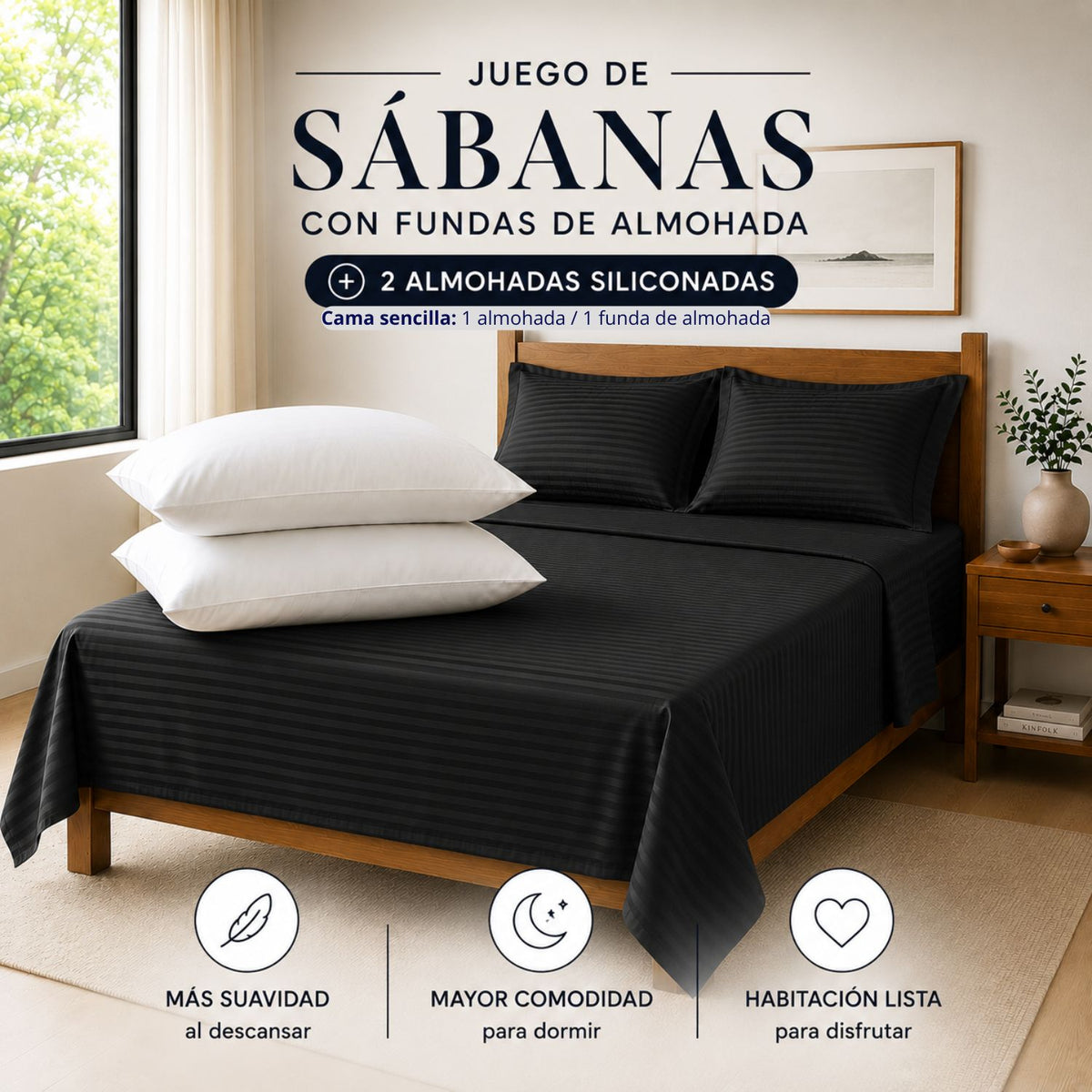 Combo Juego De Sabanas + 2 Almohadas Siliconadas Doble