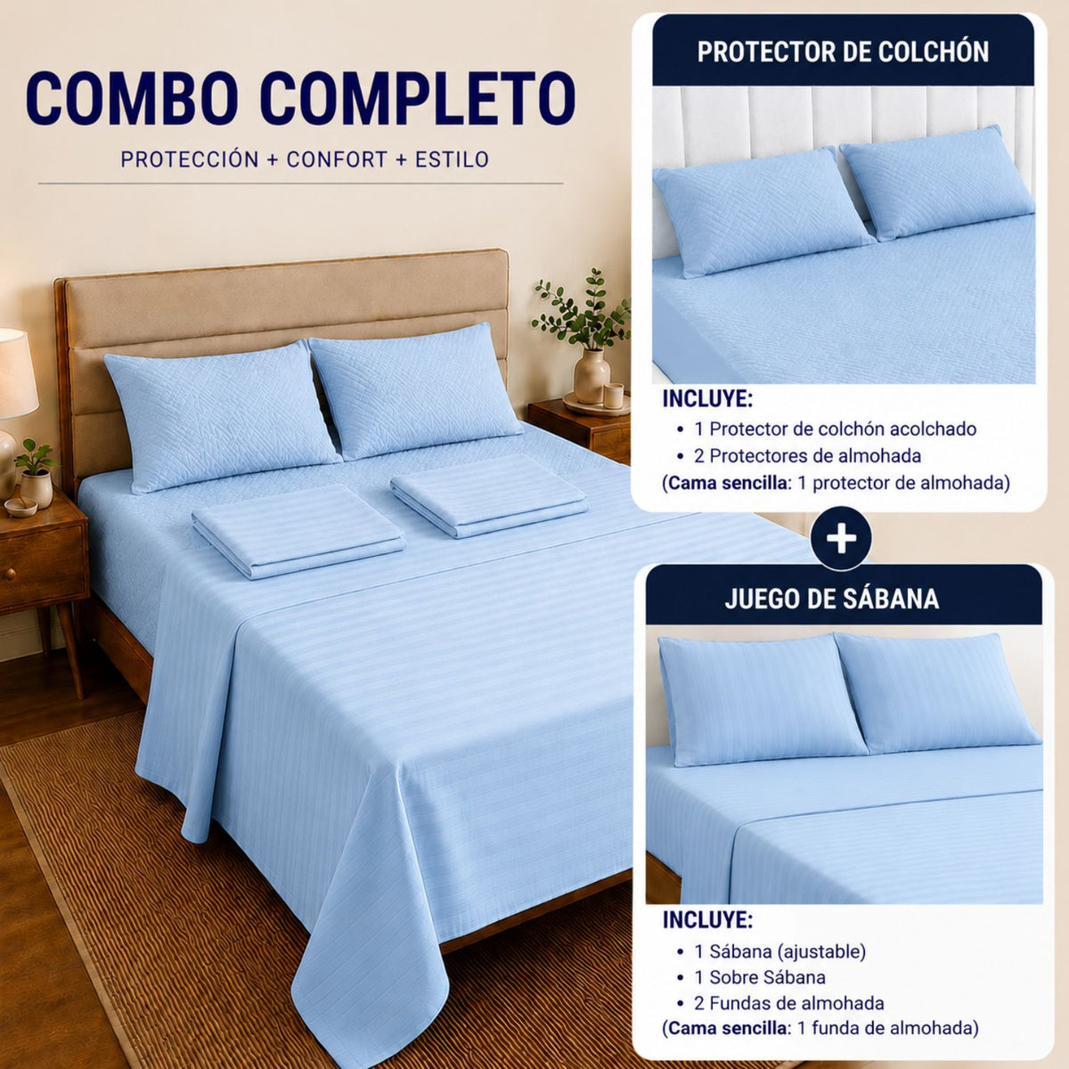 Combo Protector Colchon + Juego De Sabanas Doble