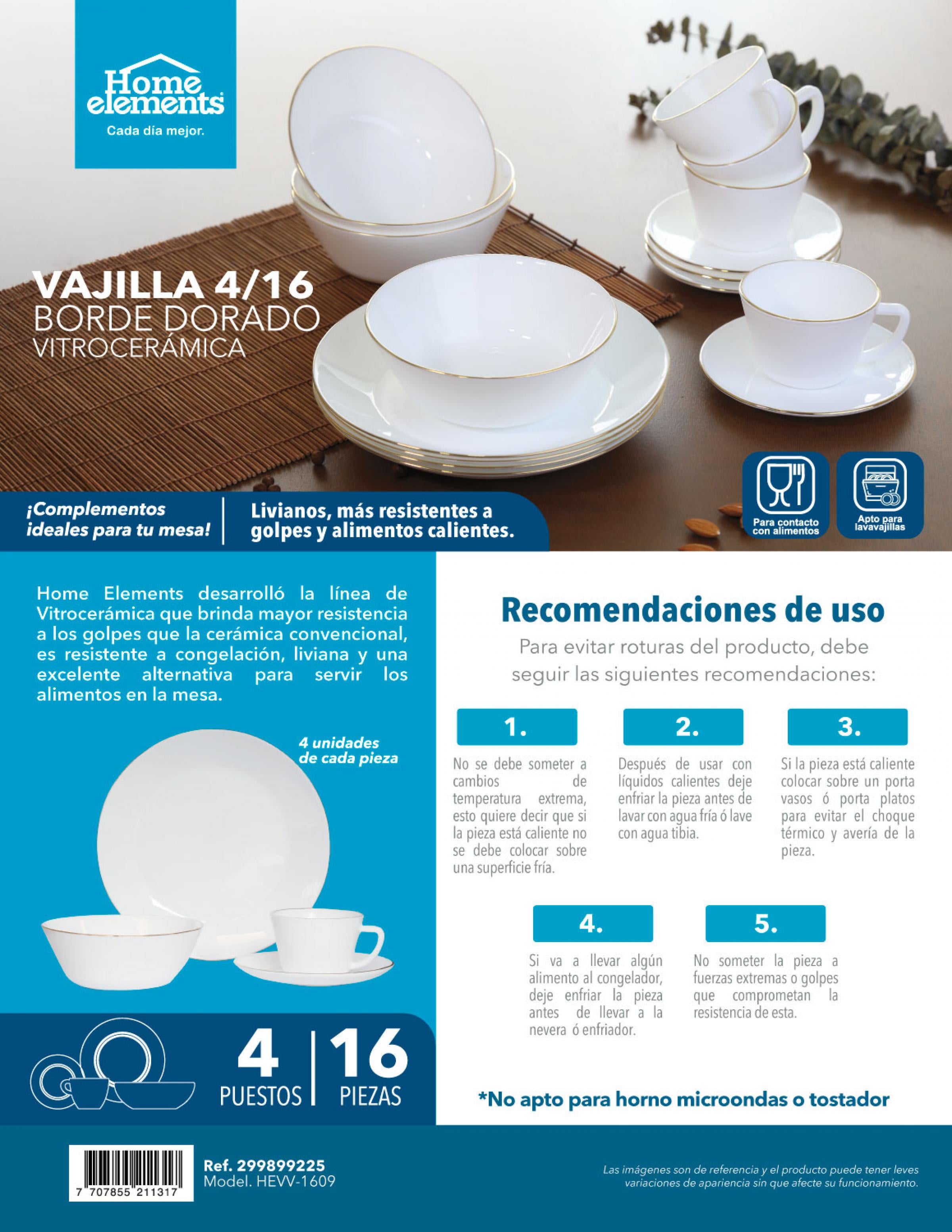 Vajilla Vitrocerámica 4/16 Decorada Borde Dorado