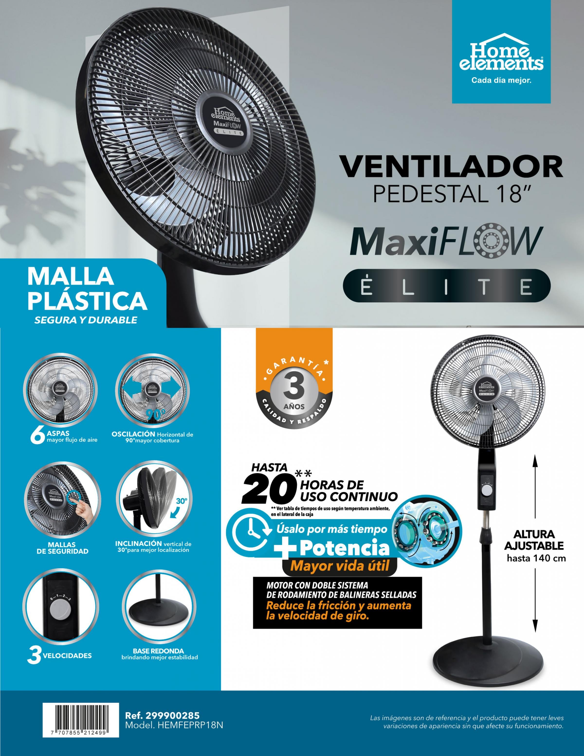 Ventilador de Pedestal Negro 18" MaxiFlow Elite - Malla Plastica