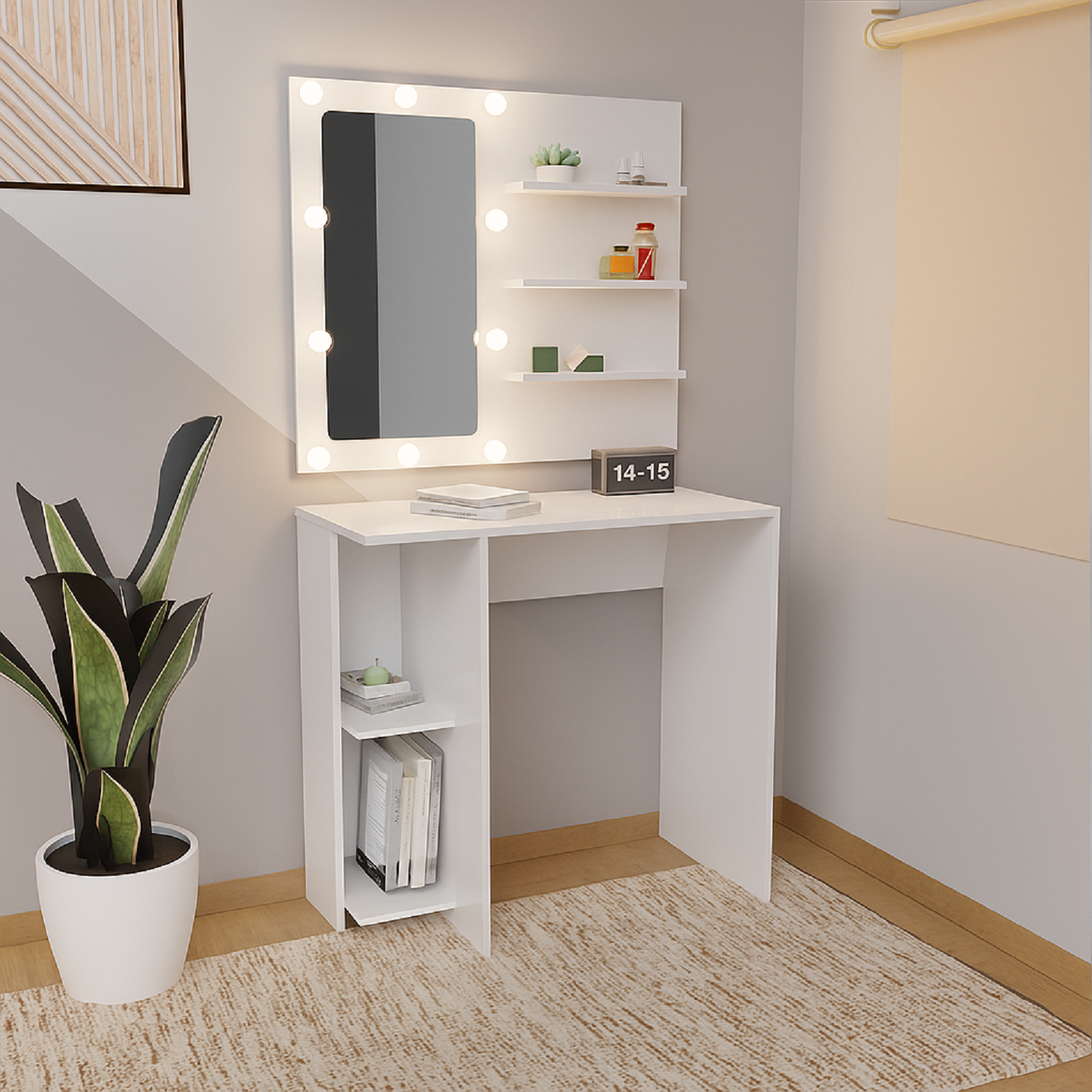 Combo Escritorio Panel Tocador Hollywood + Silla Eames (77x80x40) Blanco