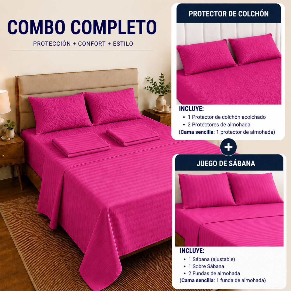 Combo Protector Colchon + Juego De Sabanas Sencilla