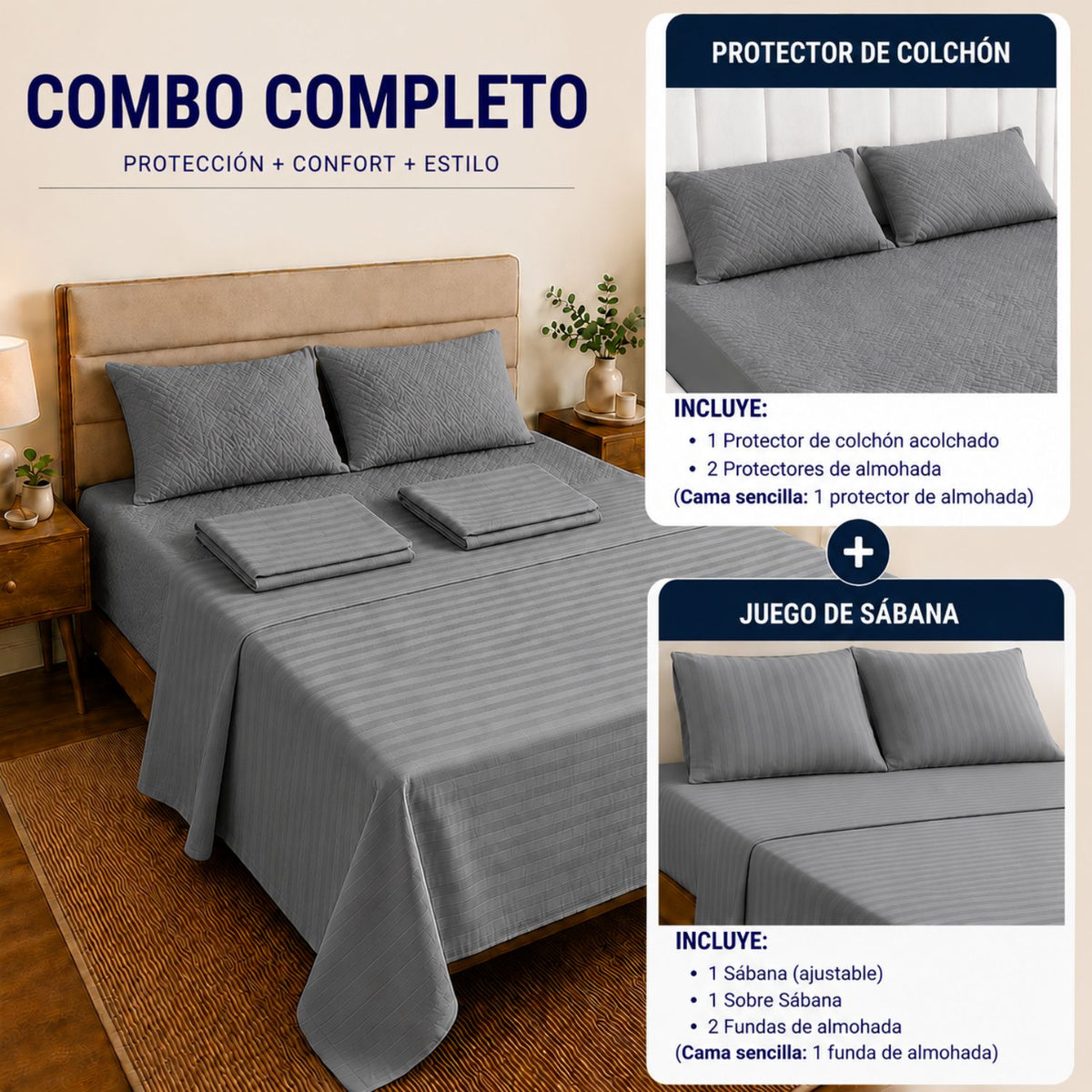 Combo Protector Colchon + Juego De Sabanas Sencilla