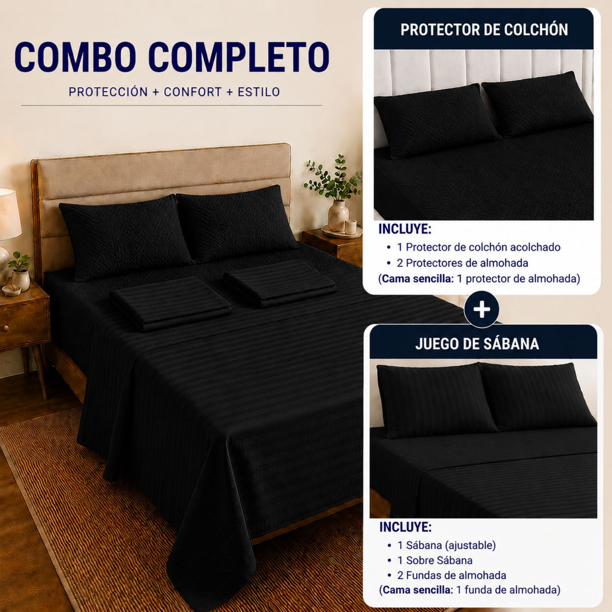 Combo Protector Colchon + Juego De Sabanas Sencilla