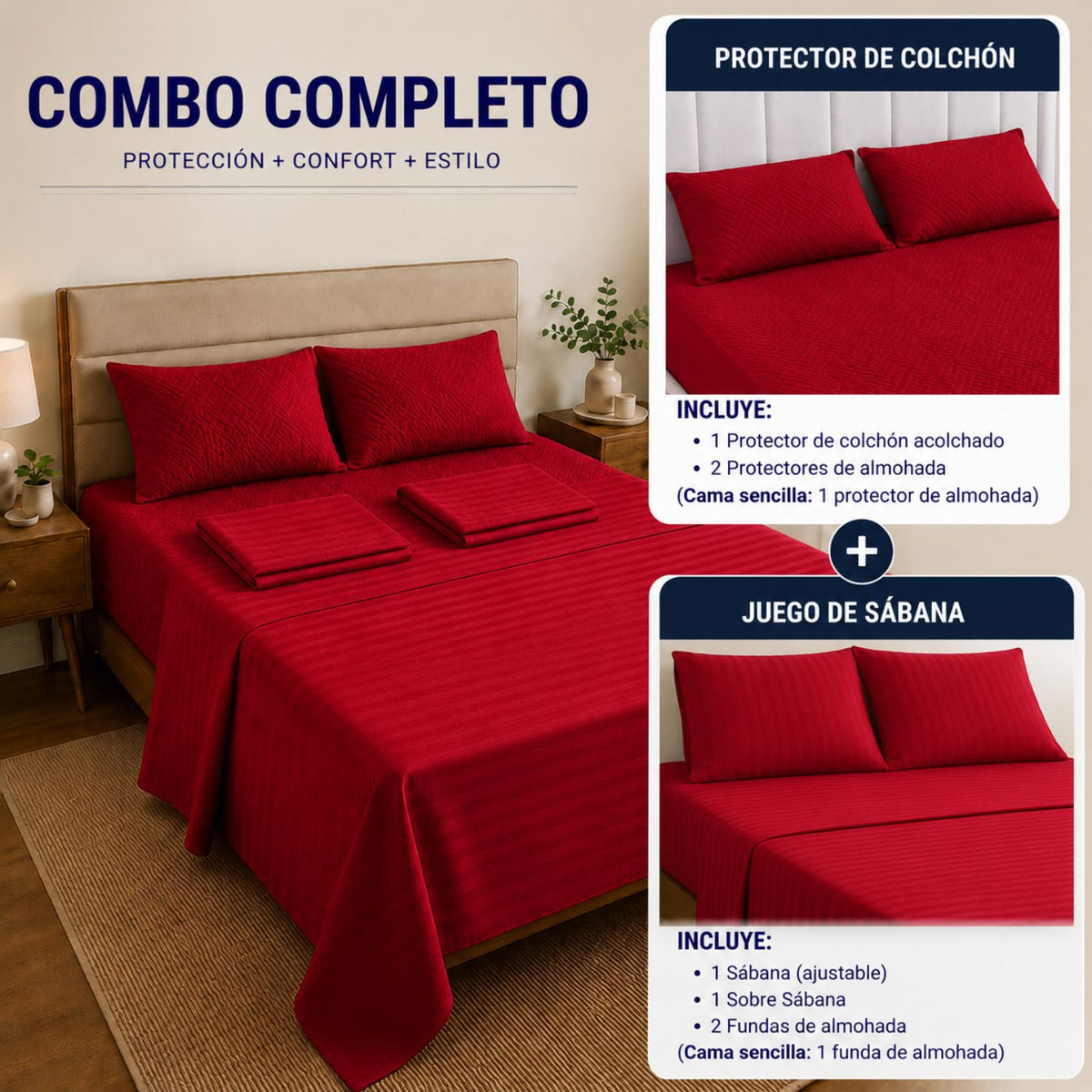 Combo Protector Colchon + Juego De Sabanas King