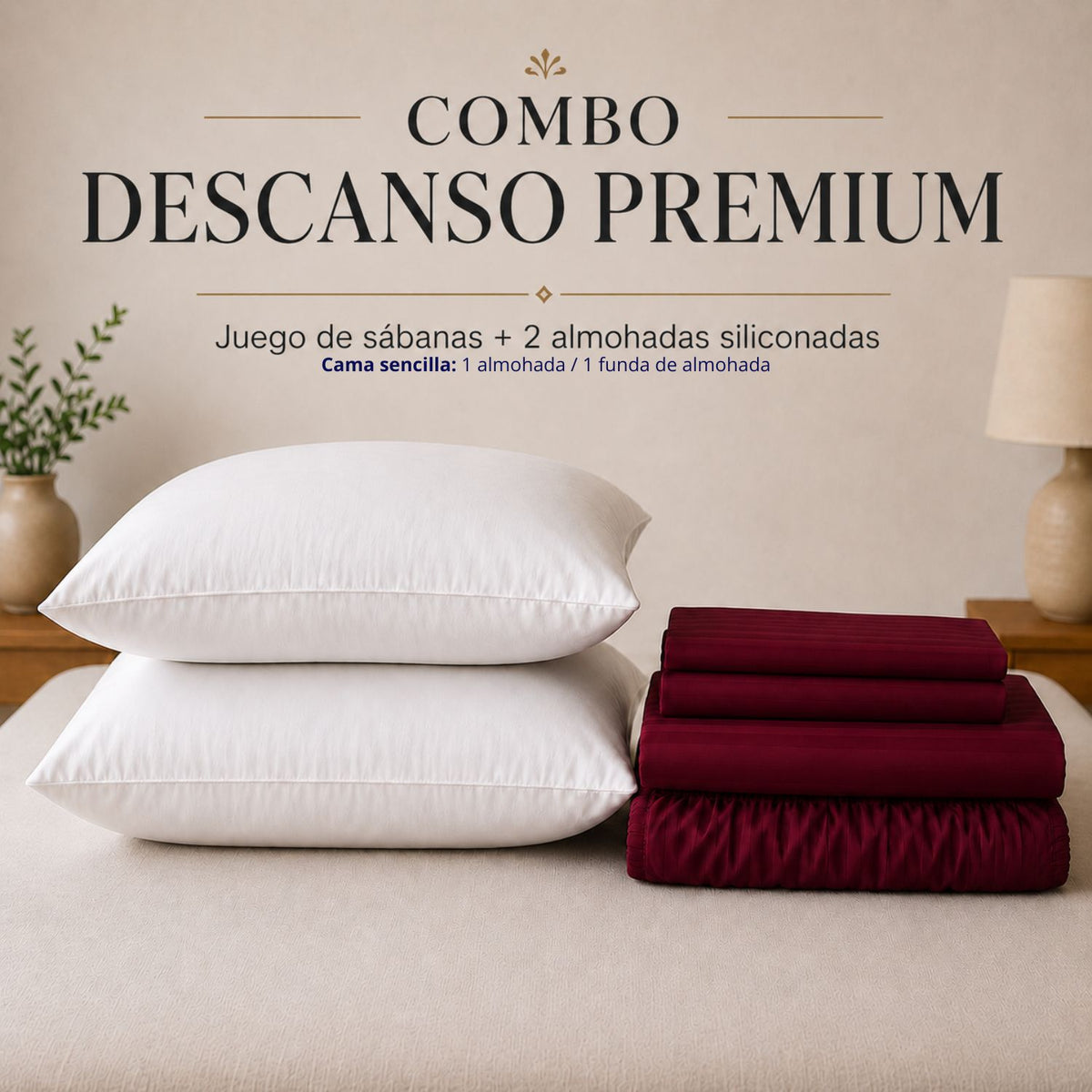 Combo Juego De Sabanas + 2 Almohadas Siliconadas Doble