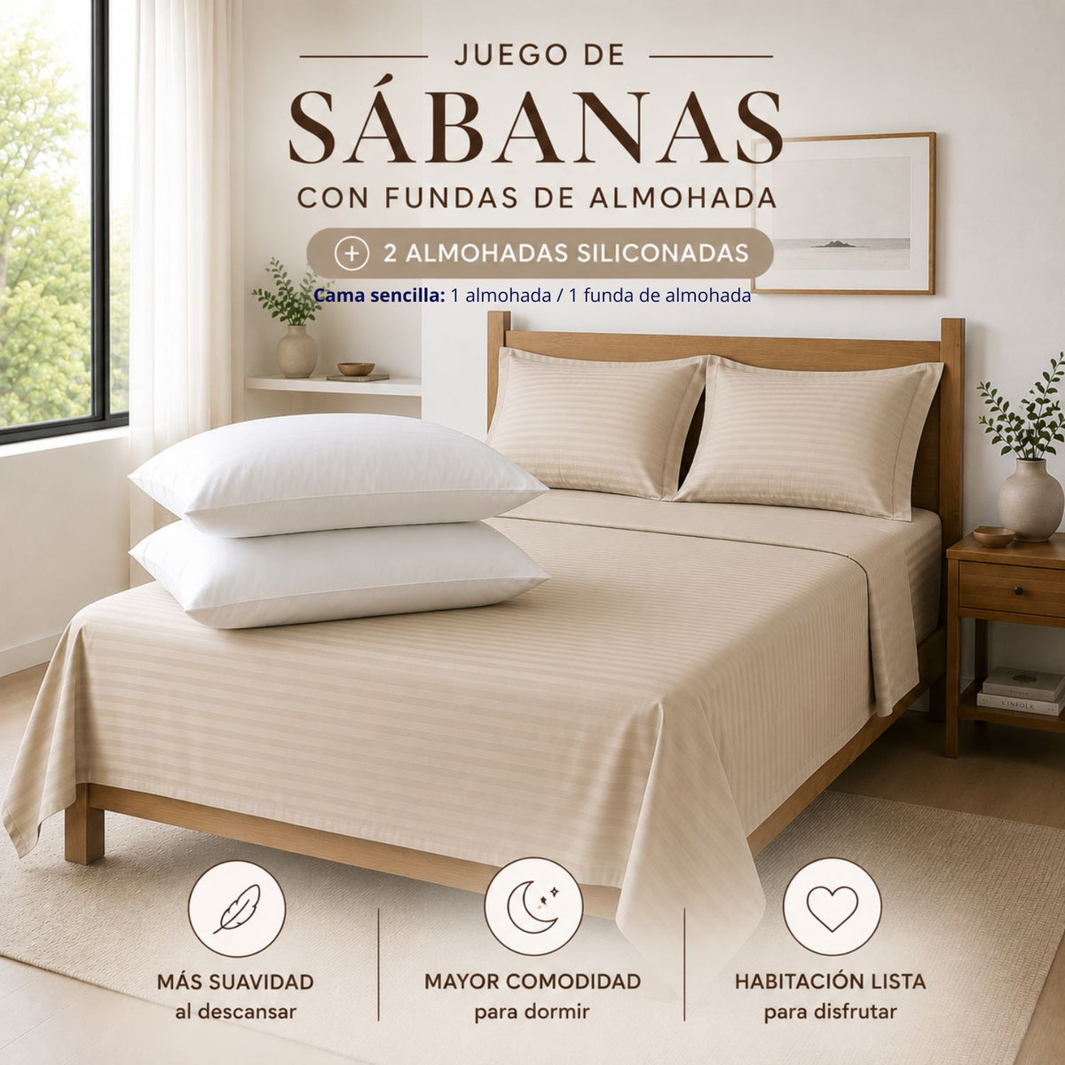 Combo Juego De Sabanas + 2 Almohadas Siliconadas Queen