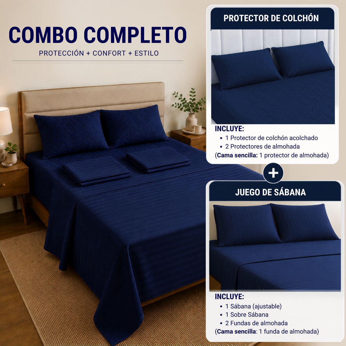 Combo Protector Colchon + Juego De Sabanas Queen