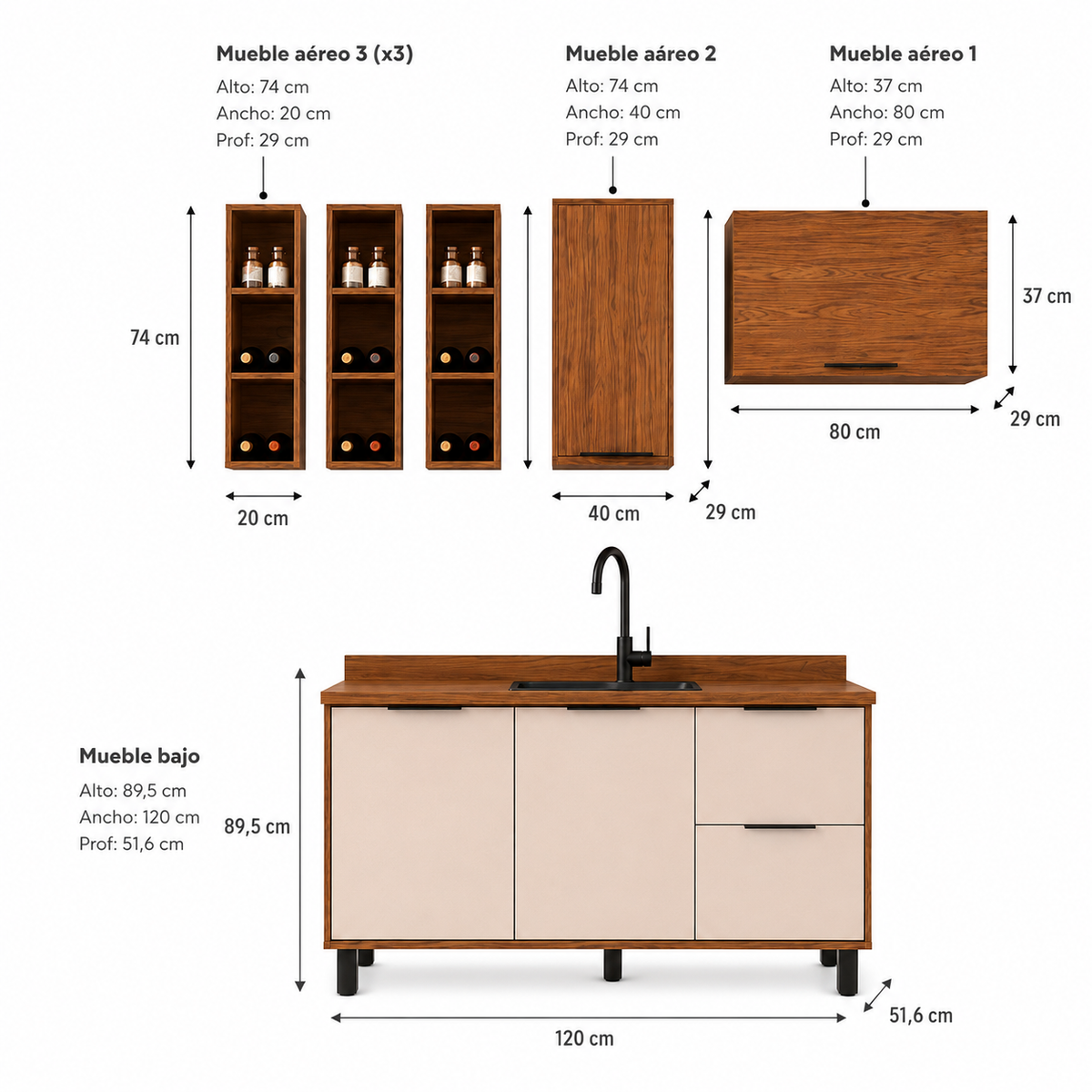 Cocina 180 cm Bahamas 4 Puertas 2 Cajones Almendra/Blanco Apagado