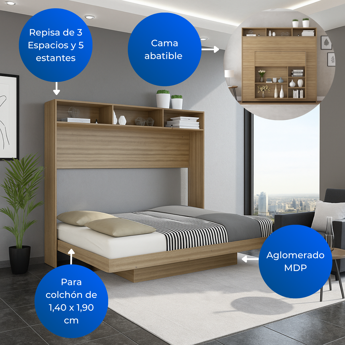 Cama Abatible Doble Ibiza Almendra