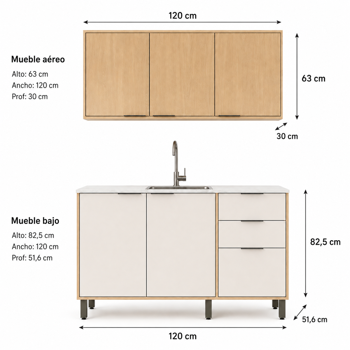 Cocina 120 cm Canarias 6 Puertas 2 Cajones Almendra/Blanco Apagado