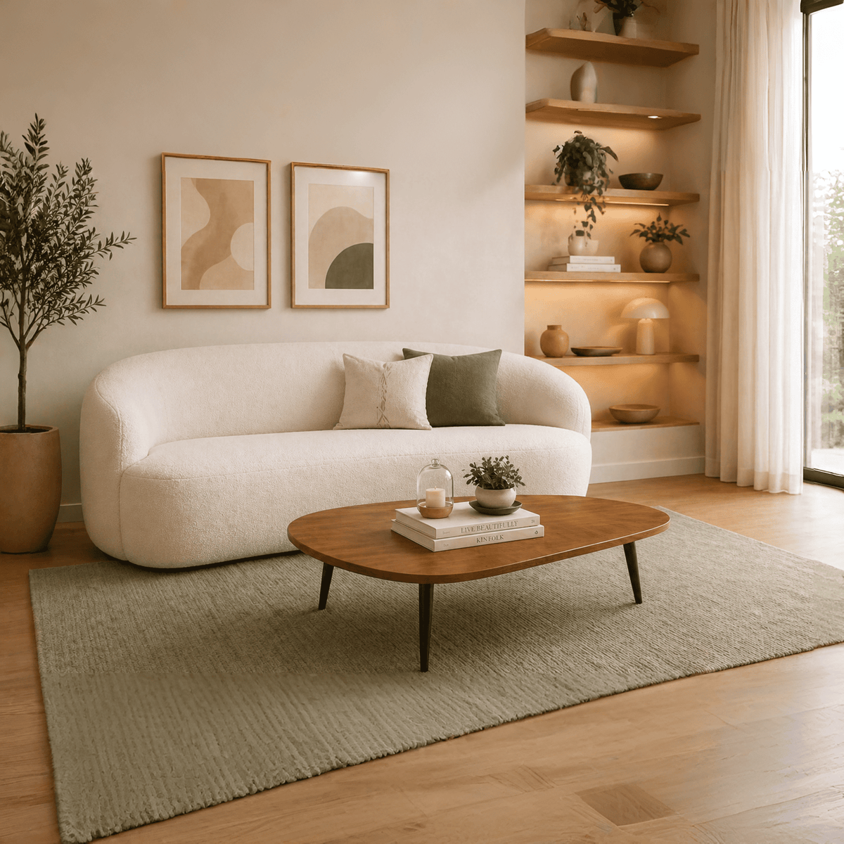 Sala Sofá Boom 72x170x80cm + Mesa Centro Tik Blanco Ovejo/Amaretto