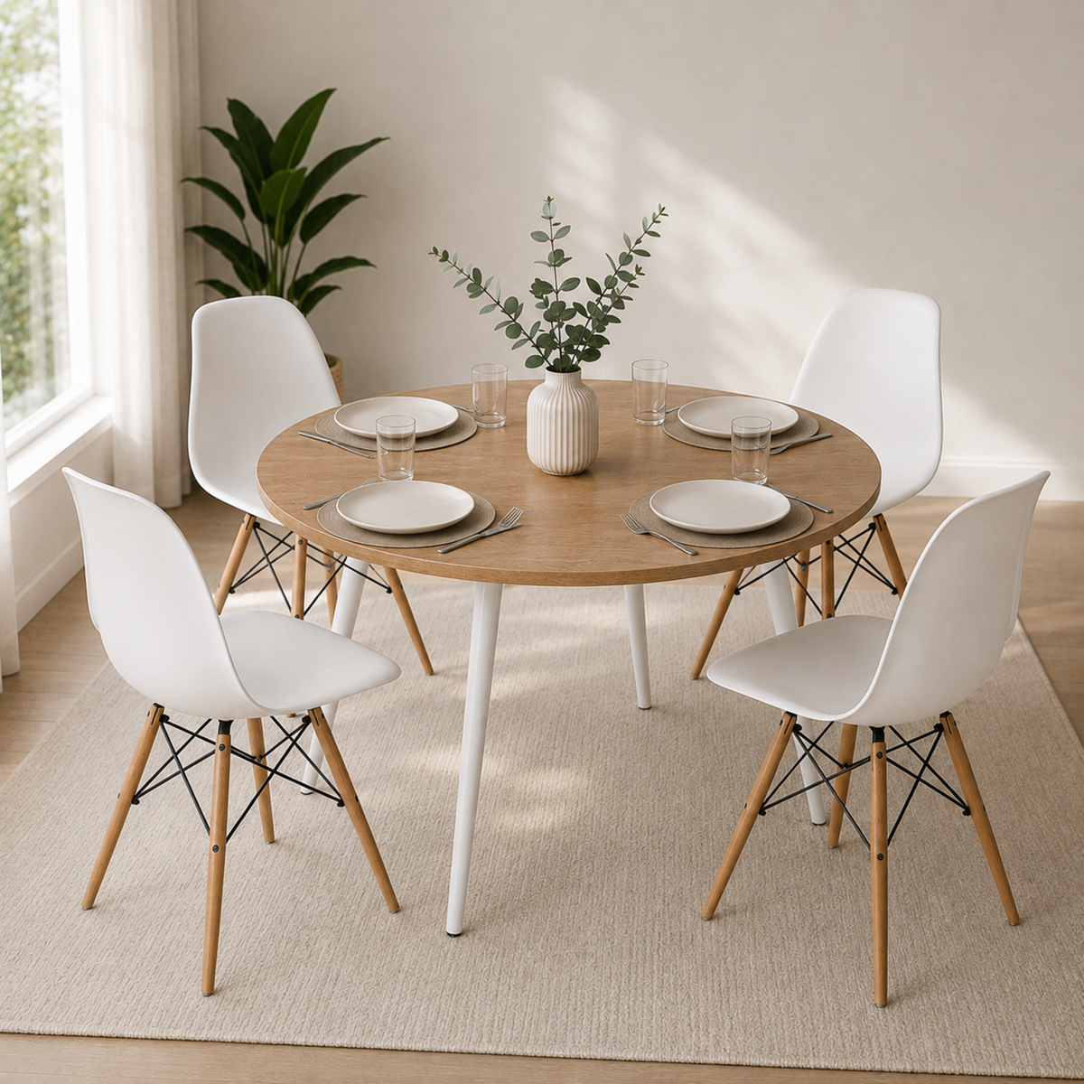 Comedor Redondo Like 4 Puestos 75x80x80cm Vienes + 4 Sillas Blancas