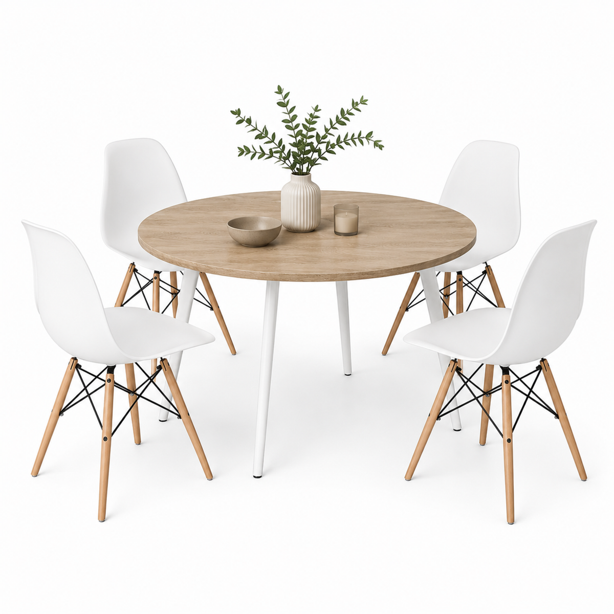 Comedor Redondo Like 4 Puestos 75x80x80cm Vienes + 4 Sillas Blancas