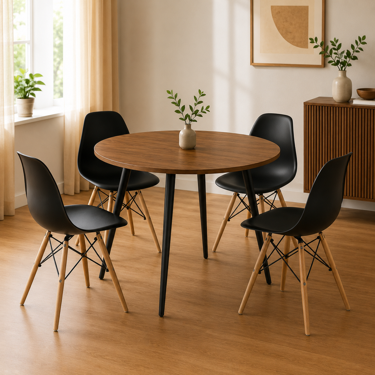 Comedor Redondo 4 Puestos 75x80x80cm Amaretto + 4 Sillas Negras