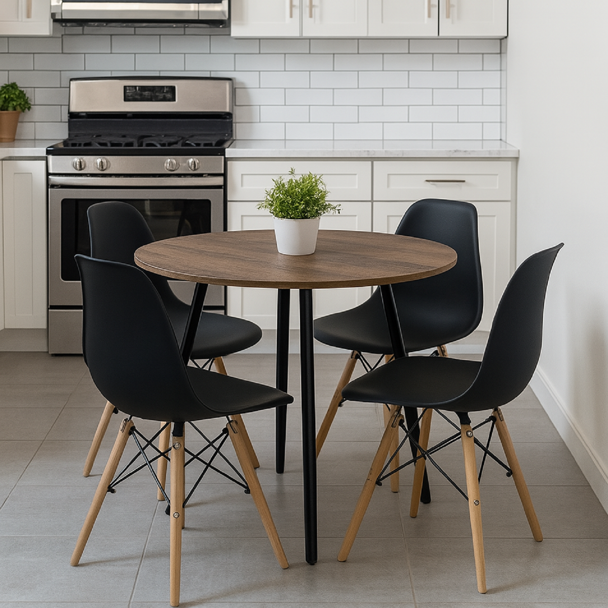 Comedor Redondo 4 Puestos 75x80x80cm Amaretto + 4 Sillas Negras
