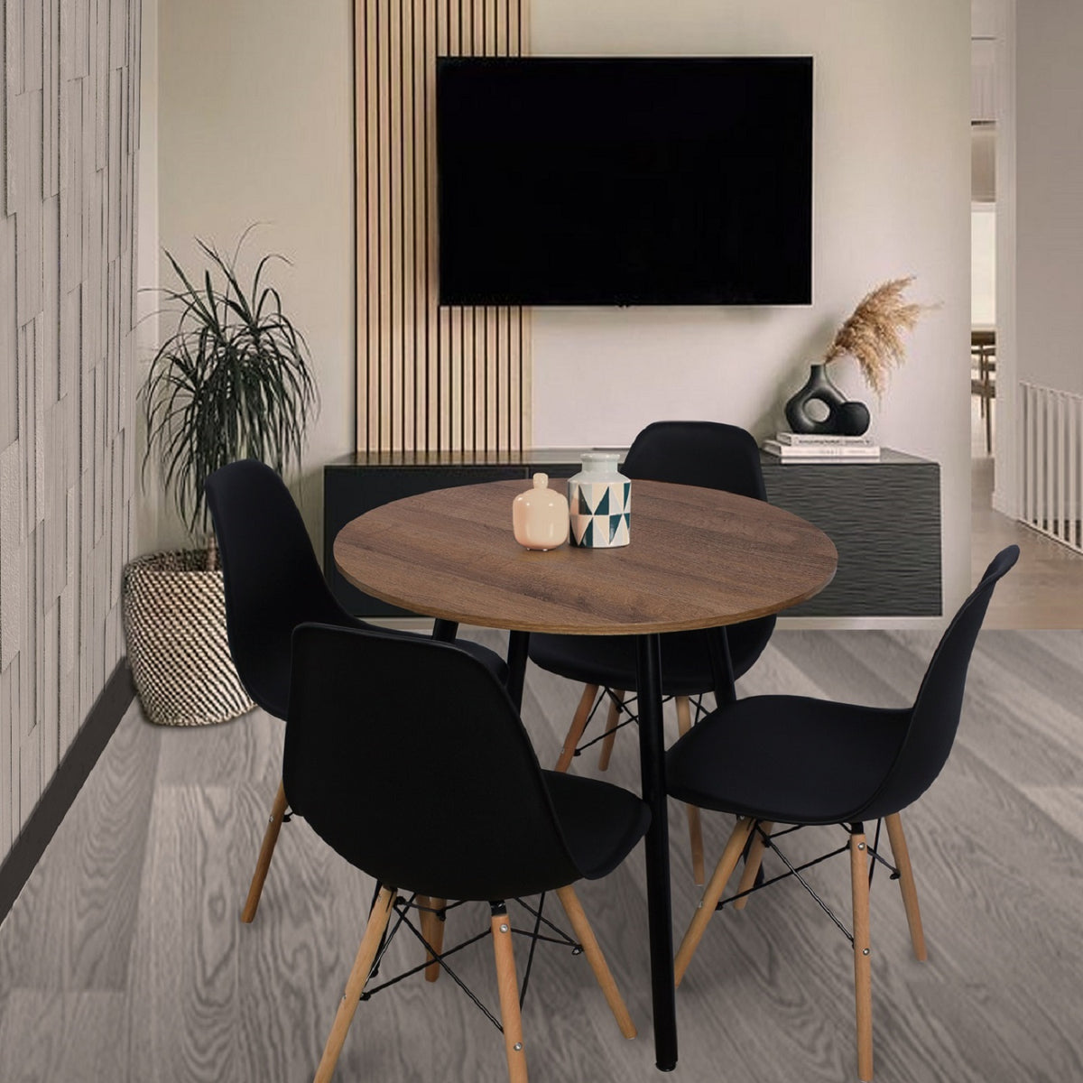 Comedor Redondo 4 Puestos 75x80x80cm Amaretto + 4 Sillas Negras