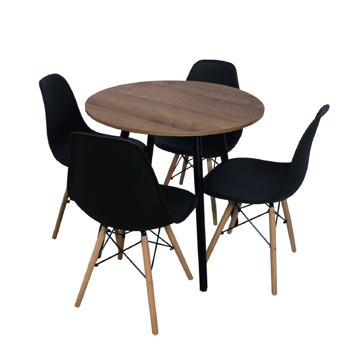 Comedor Redondo 4 Puestos 75x80x80cm Amaretto + 4 Sillas Negras