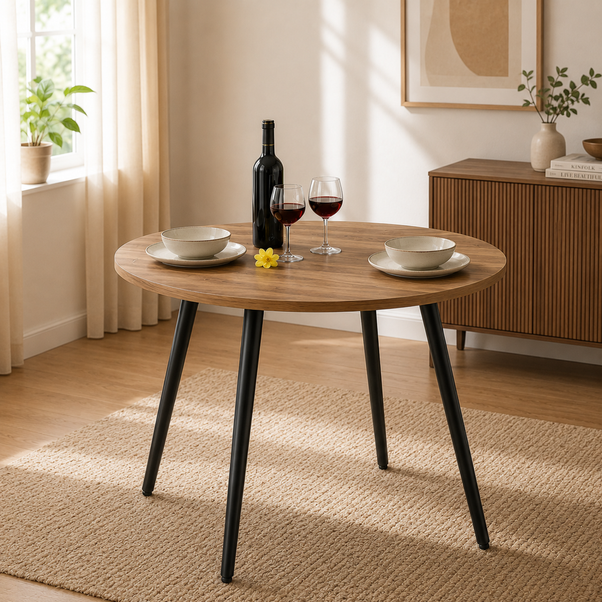 Comedor Redondo 4 Puestos 75x80x80cm Amaretto + 4 Sillas Negras