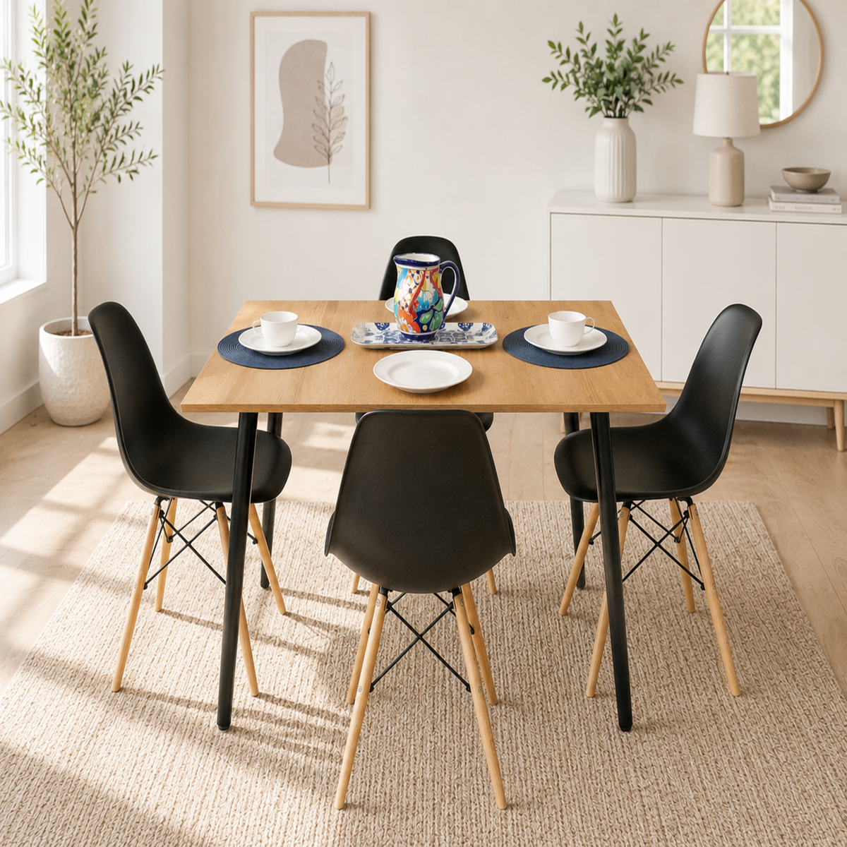 Comedor Rectangular 4 Puestos 75x110x70cm Vienes + 4 Sillas Negras