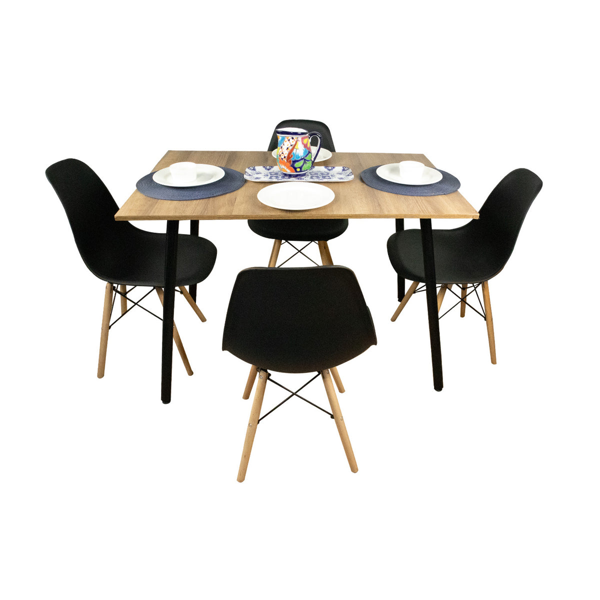 Comedor Rectangular 4 Puestos 75x110x70cm Vienes + 4 Sillas Negras