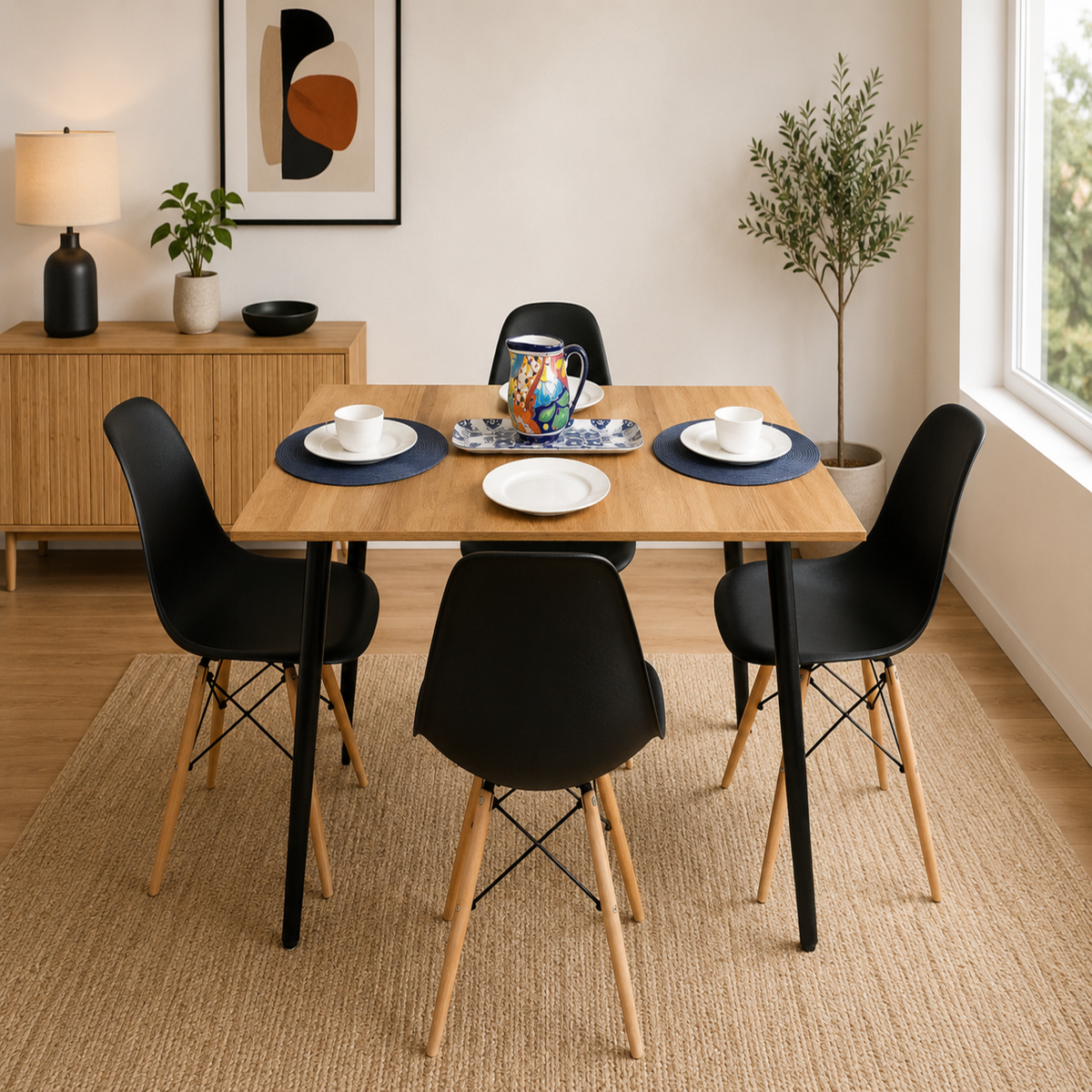 Comedor Rectangular 4 Puestos 75x110x70cm Vienes + 4 Sillas Negras