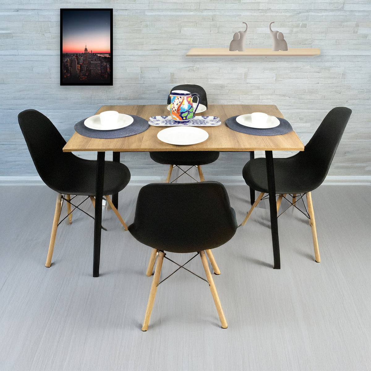 Comedor Rectangular 4 Puestos 75x110x70cm Vienes + 4 Sillas Negras