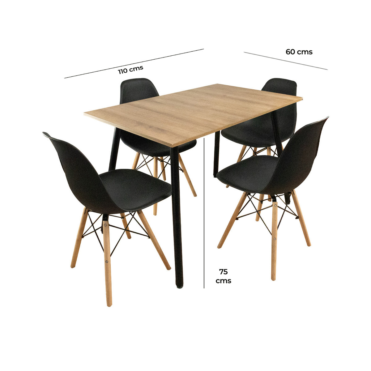 Comedor Rectangular 4 Puestos 75x110x70cm Vienes + 4 Sillas Negras