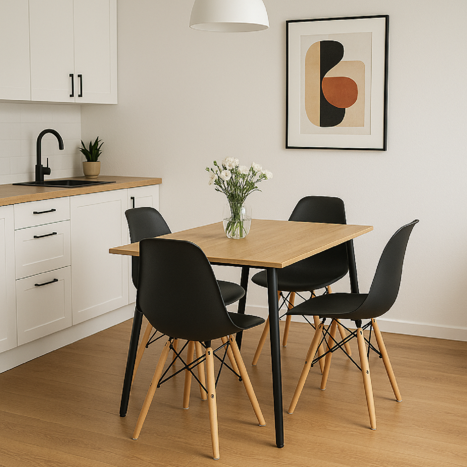 Combo Comedor rectangular 4p (75x110x70) Amaretto + 4 sillas negras