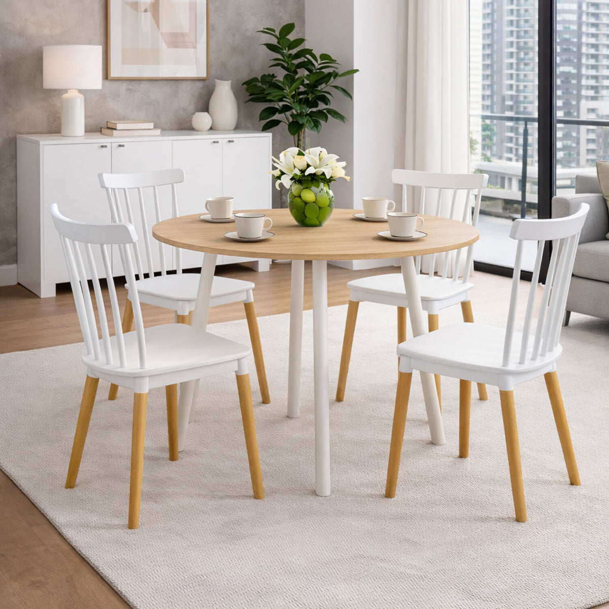 Comedor Redondo 75x80x80cm Vienes + 4 Sillas Guam Blancas
