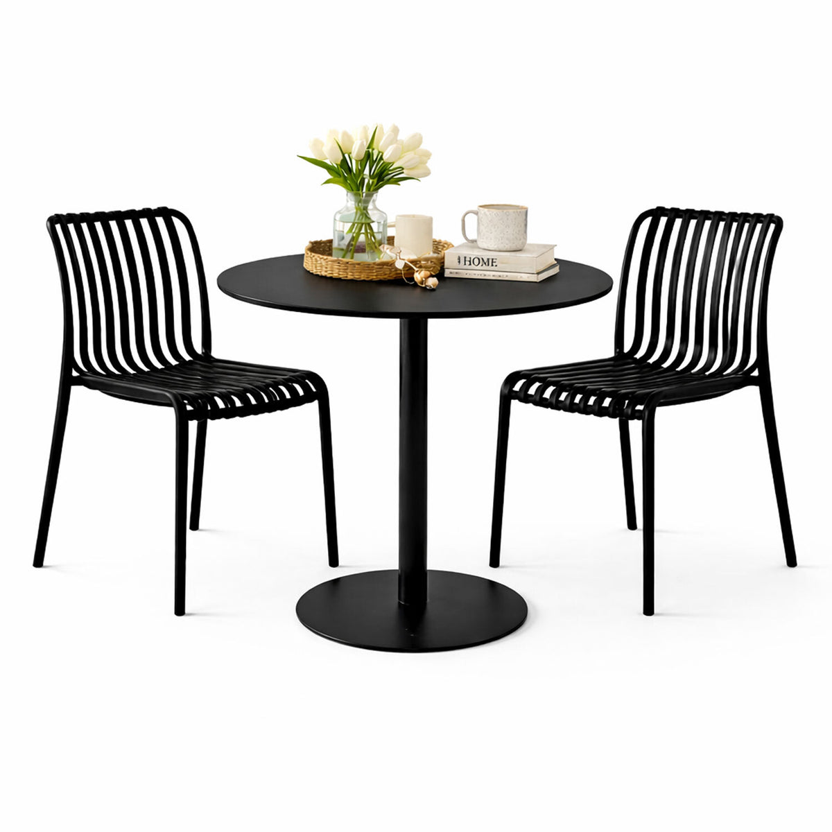 Comedor Redondo Metálico Maiu 72X60X60cm Negro + 2 Sillas Interior y Exterior