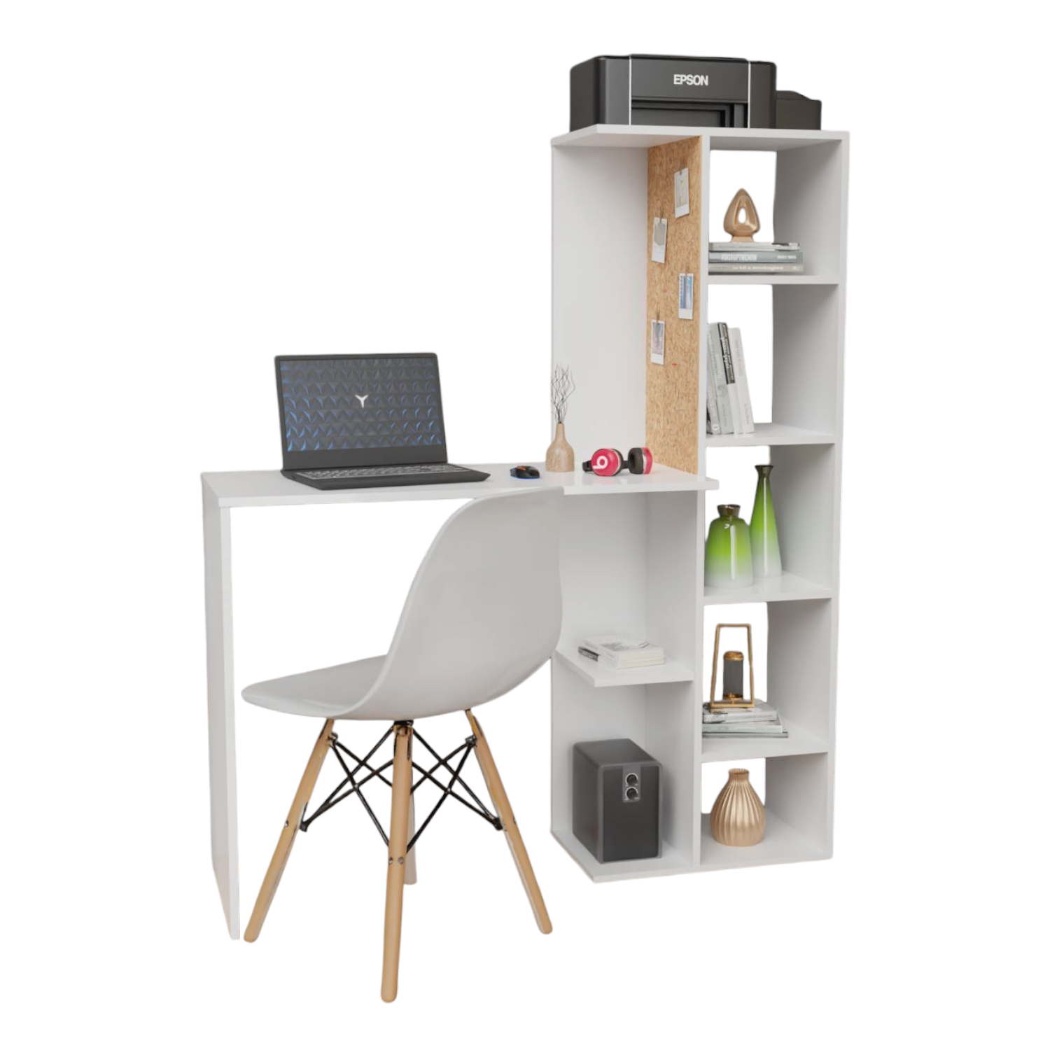 Combo Escritorio Home Con tablero de corcho+Silla eames Blanca (140x120x40) Blanco