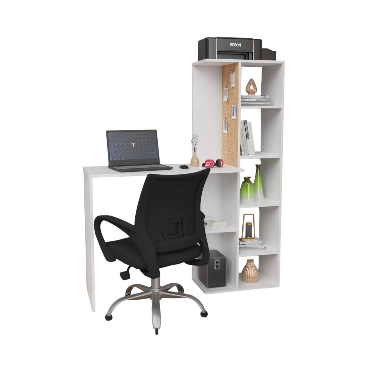 Combo Escritorio Home Con tablero de corcho + Silla Office (140x120x40) Blanco