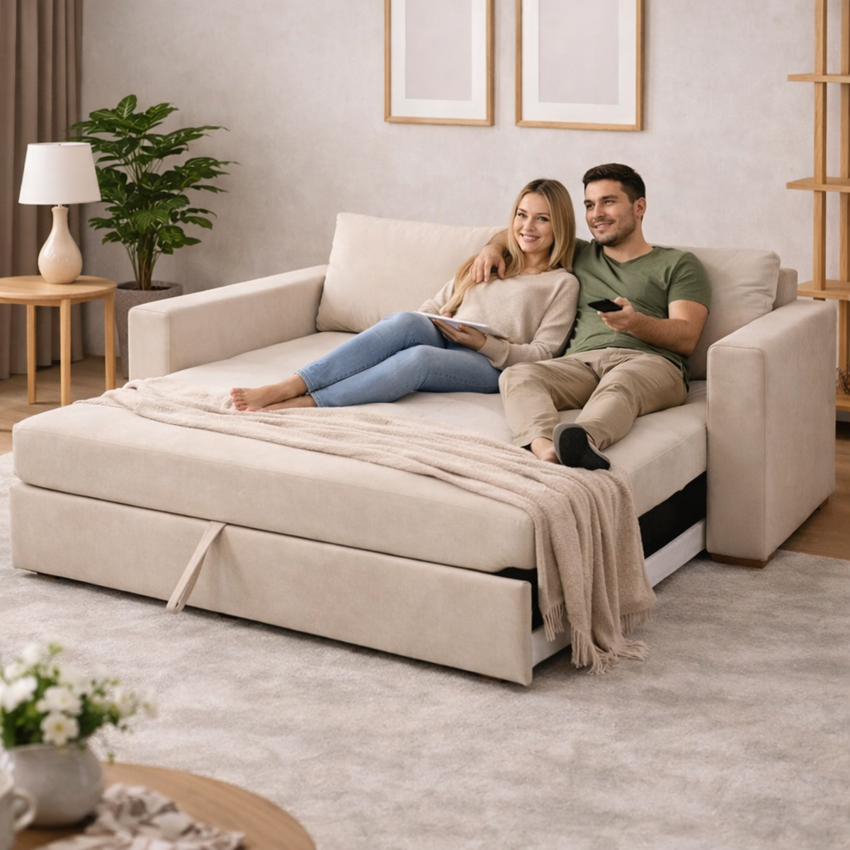 Sala Sofá Cama 92x 174x93cm + Puff + Mesa de Centro N Beige