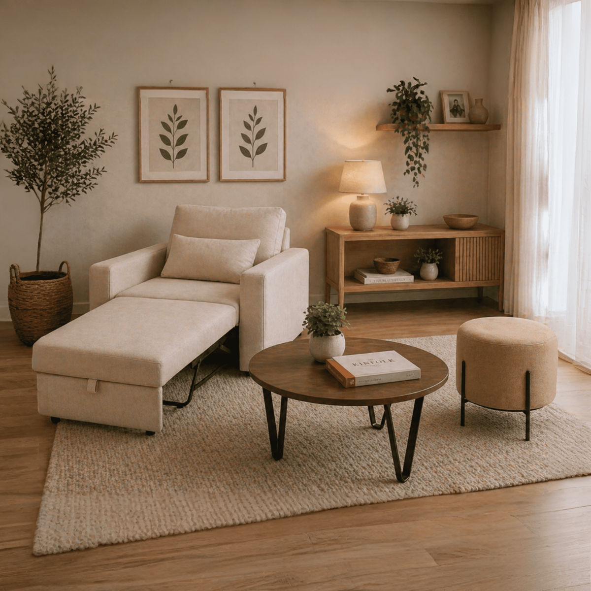 Sala Poltrona Cama Reclinable 70x76x86cm + Puff + Mesa de Centro V Beige/Amaretto