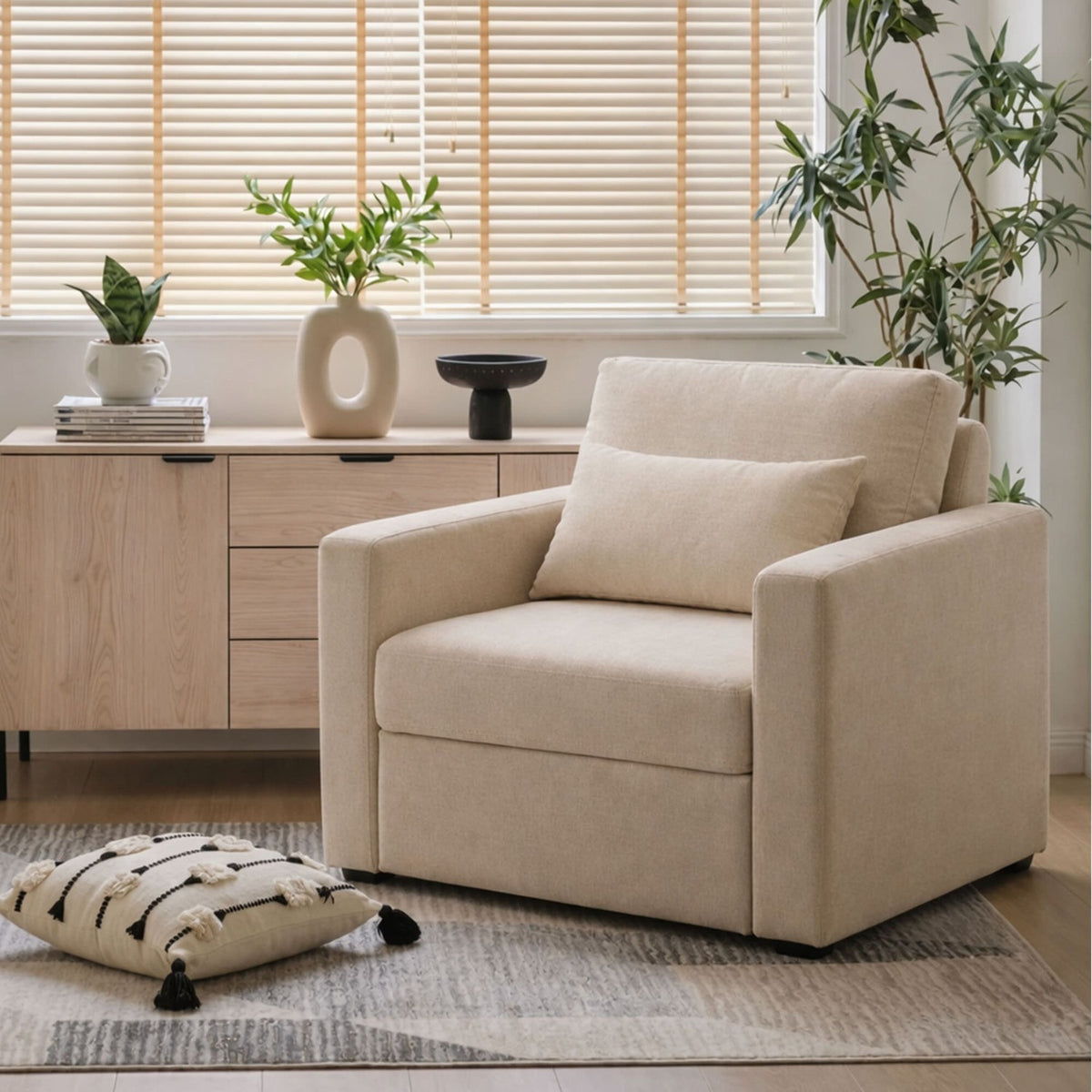 Sala Poltrona Cama Reclinable 70x76x86cm + Puff + Mesa de Centro V Beige/Amaretto