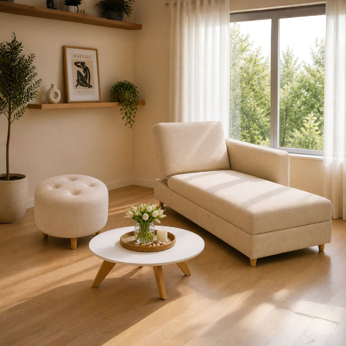 Sala Sofá Cama Reclinable 70x76x86cm + Puff + Mesa de Centro N Beige/Blanca