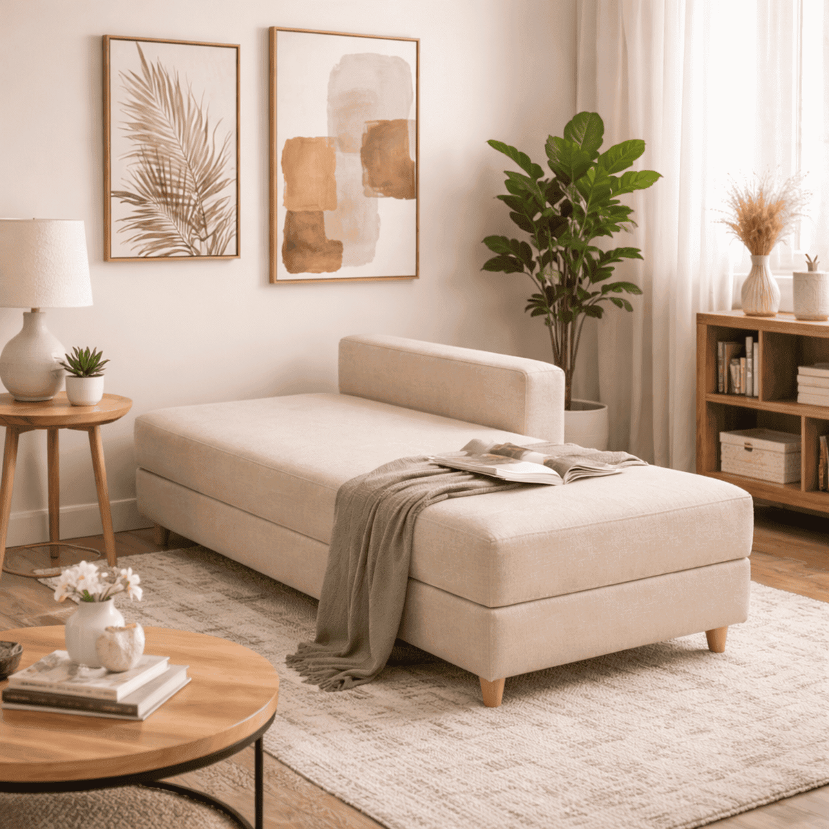 Sala Sofá Cama Reclinable 70x76x86cm + Puff + Mesa de Centro N Beige/Blanca