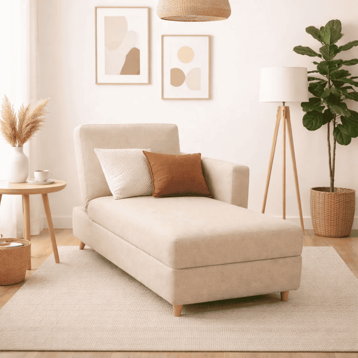 Sala Sofá Cama Reclinable 70x76x86cm + Puff + Mesa de Centro N Beige/Blanca
